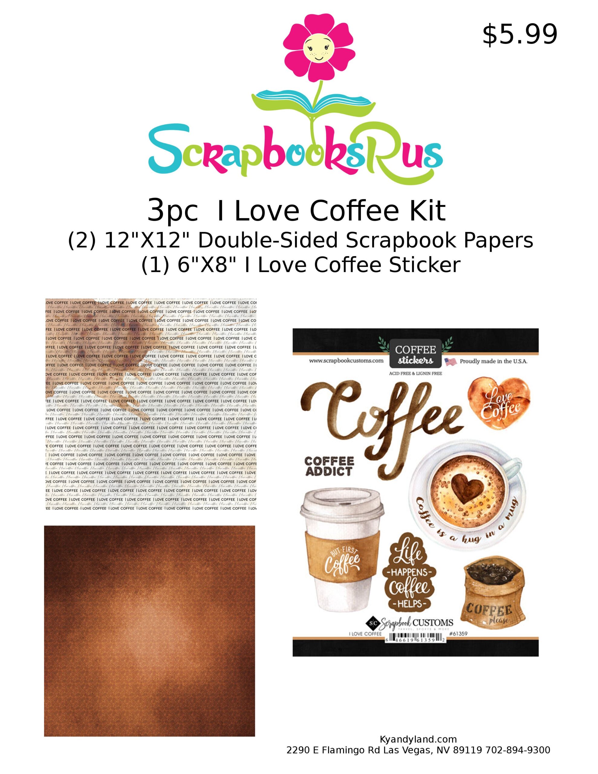 ILoveCoffee3pcKit I LOVE COFFEE Kit 12"X12" Scrapbook Paper Stickers 3pc - Image 1