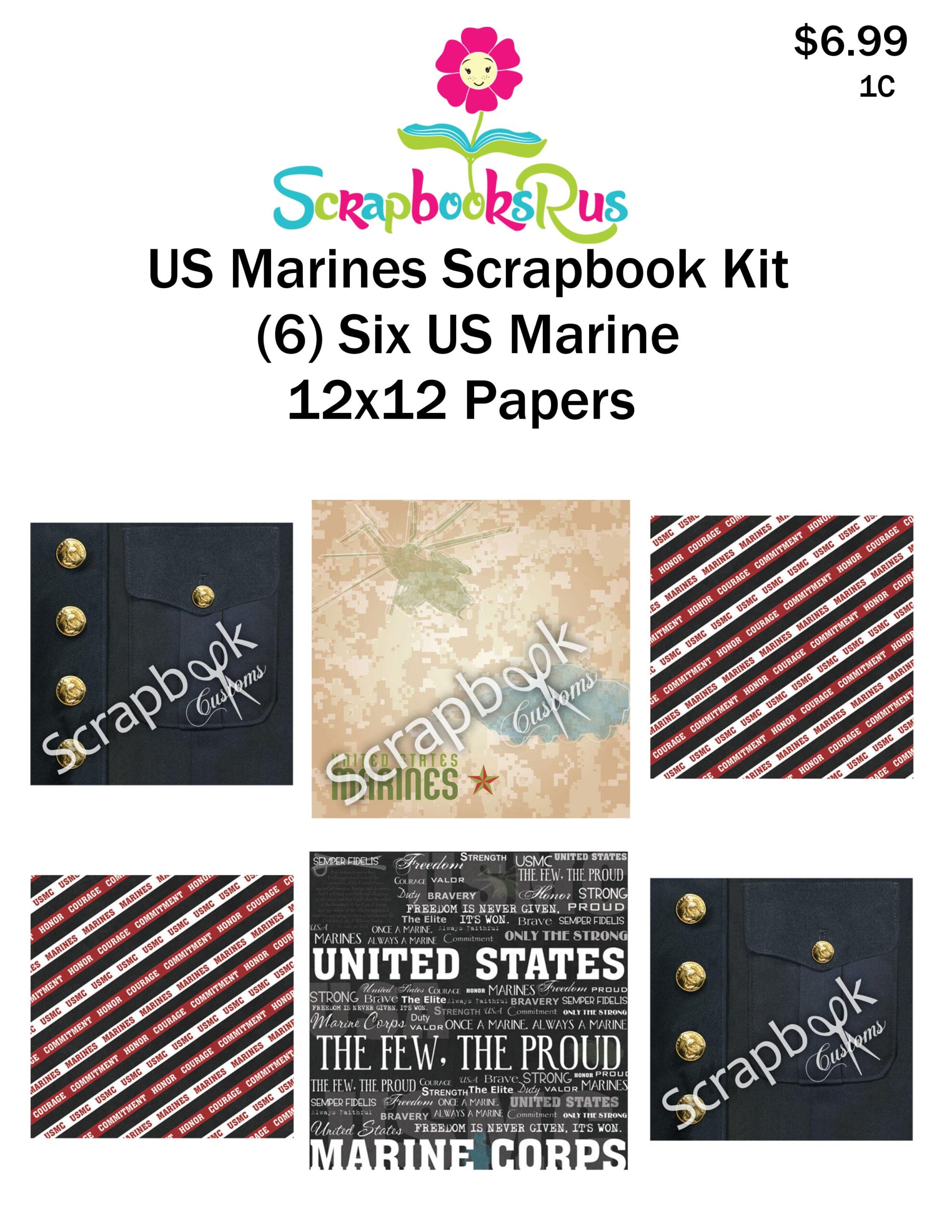 Marines_Page_Kit_6pc1B Scrapbook Customs 6pc MARINES SCRAPBOOK KIT 12"X12" Papers 1C - Image 1