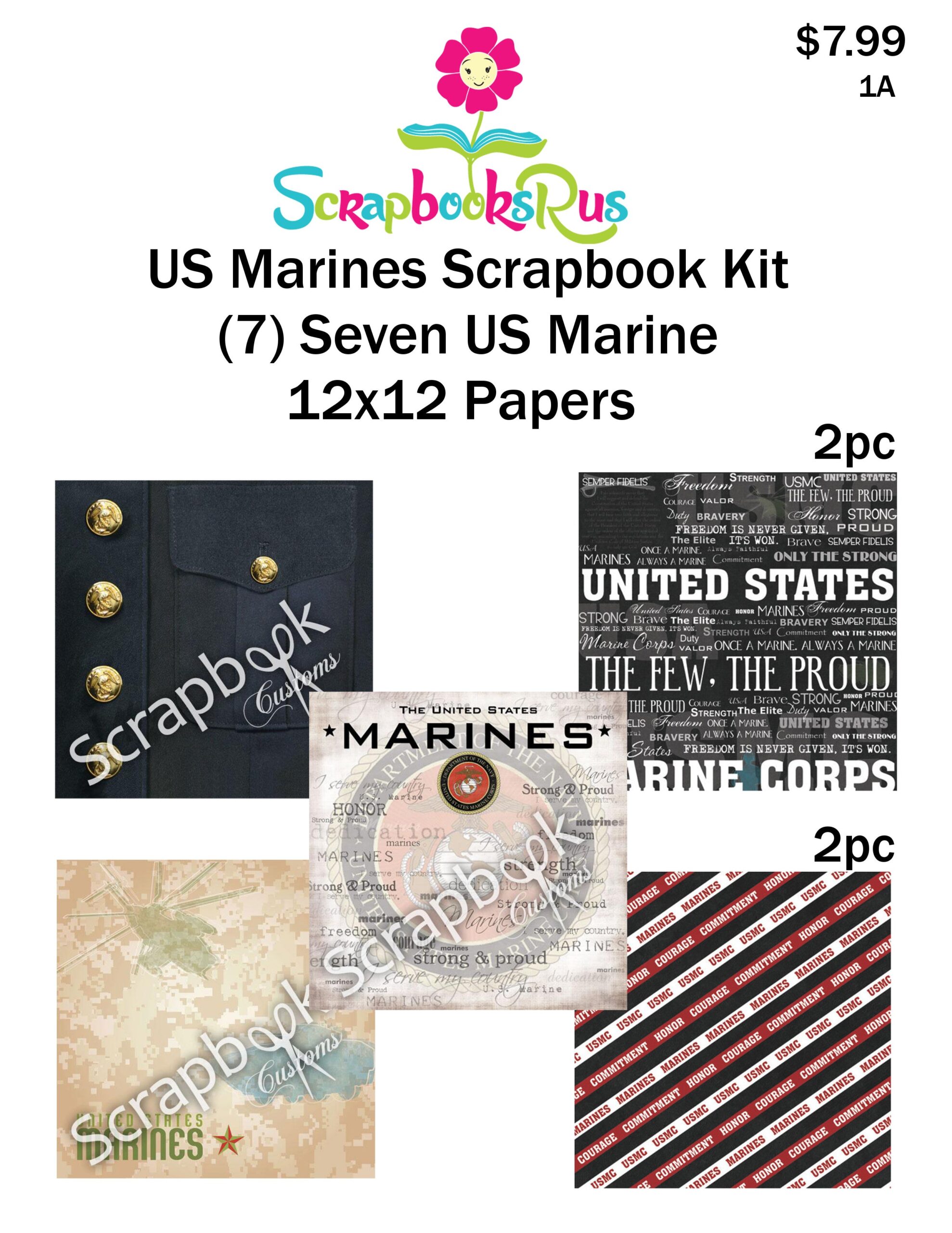 Marines_Page_Kit_7pc1A Scrapbook Customs 7pc MARINES SCRAPBOOK KIT 12"X12" Papers 1A - Image 1