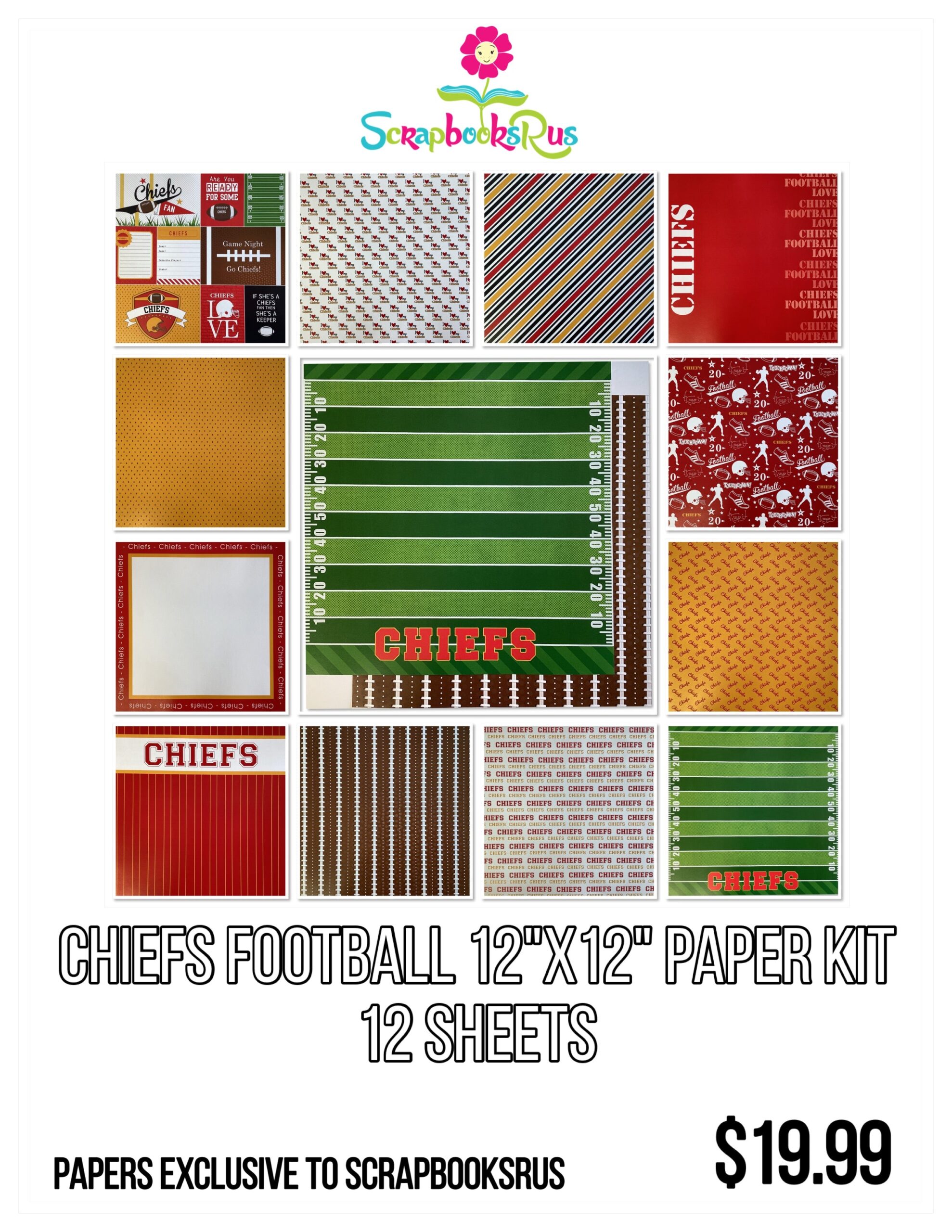 Scrapbooksrus_CHIEFS_FOOTBALL_12_X12_Scrapbook_Paper_Kit_12_Sheets Scrapbooksrus CHIEFS FOOTBALL 12"X12" Scrapbook Paper Kit 12 Sheets - Image 1