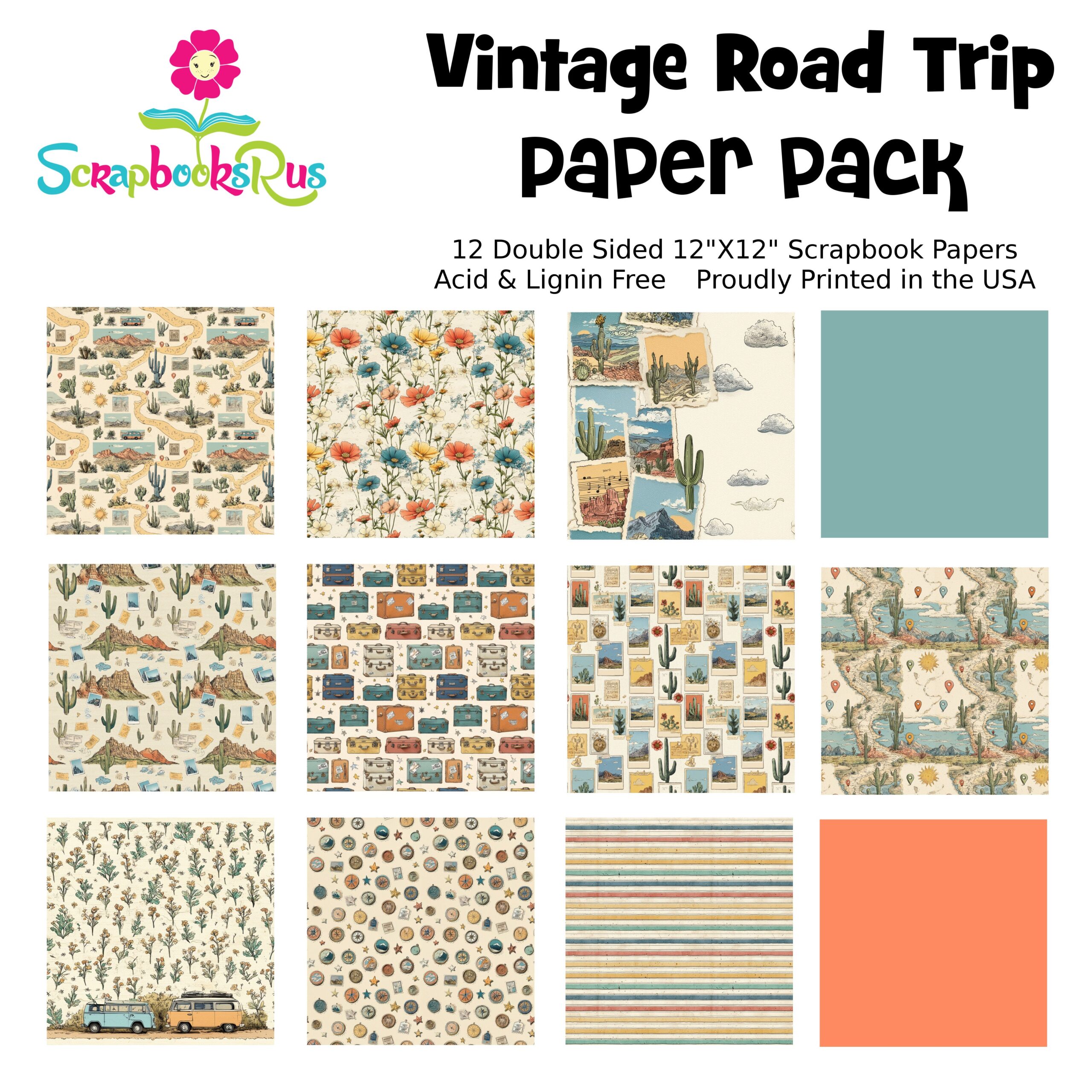 VintageRoadTripCoverPage Scrapbooksrus VINTAGE ROAD TRIP 12pc 12"X12" Scrapbook Paper Pack - Image 1