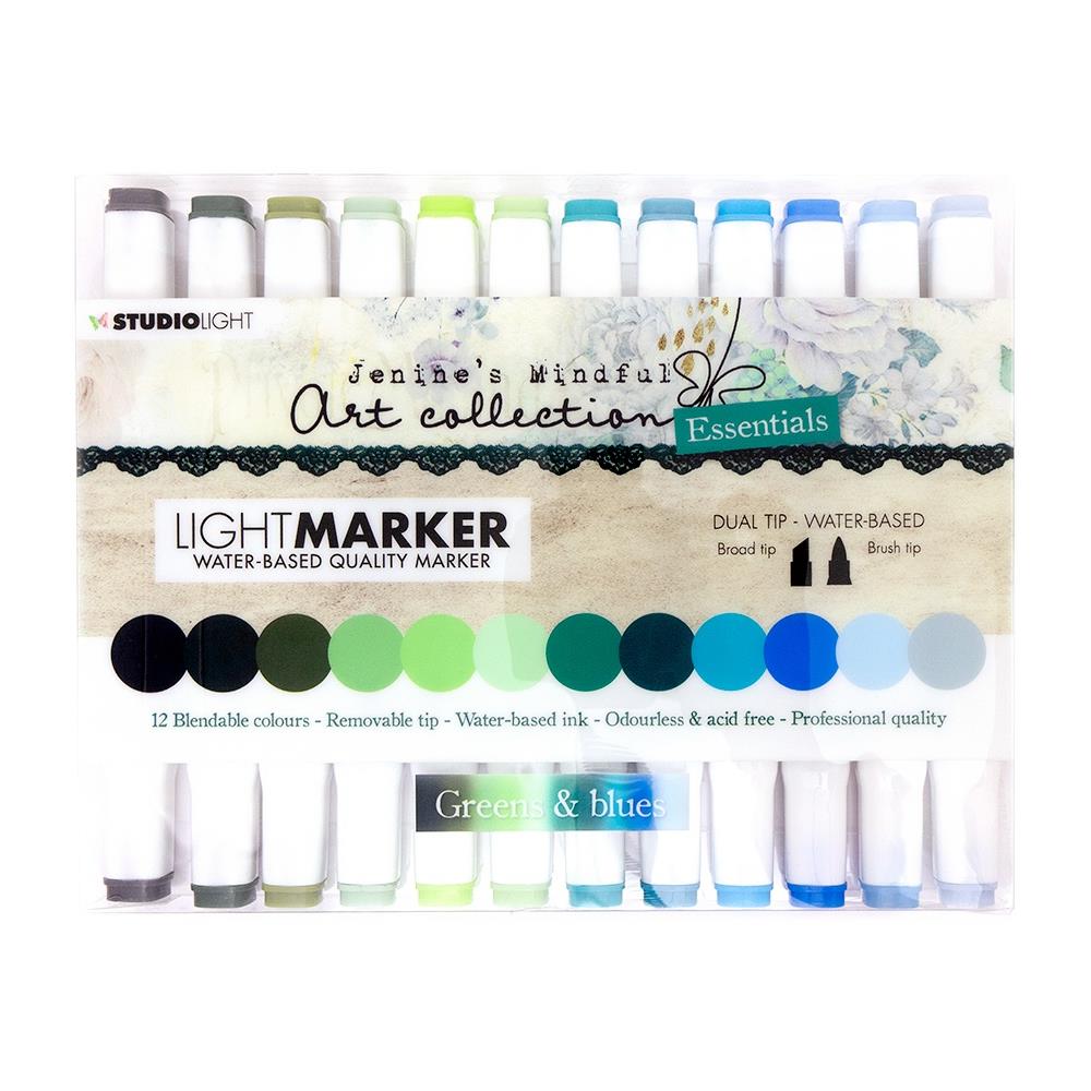 image_2b60f863-dbde-42d8-86d0-0991b9eb45b5 Studio Light Markers GREENS BLUES Water-Based Art Dual Tip 12pc - Image 1