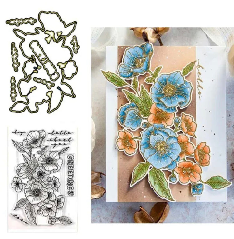 image_6c1beab3-ad84-43c0-9c96-3c9e82cee878 Poppy Flower Greetings Clear Stamp & Die Set 2pc - Image 1