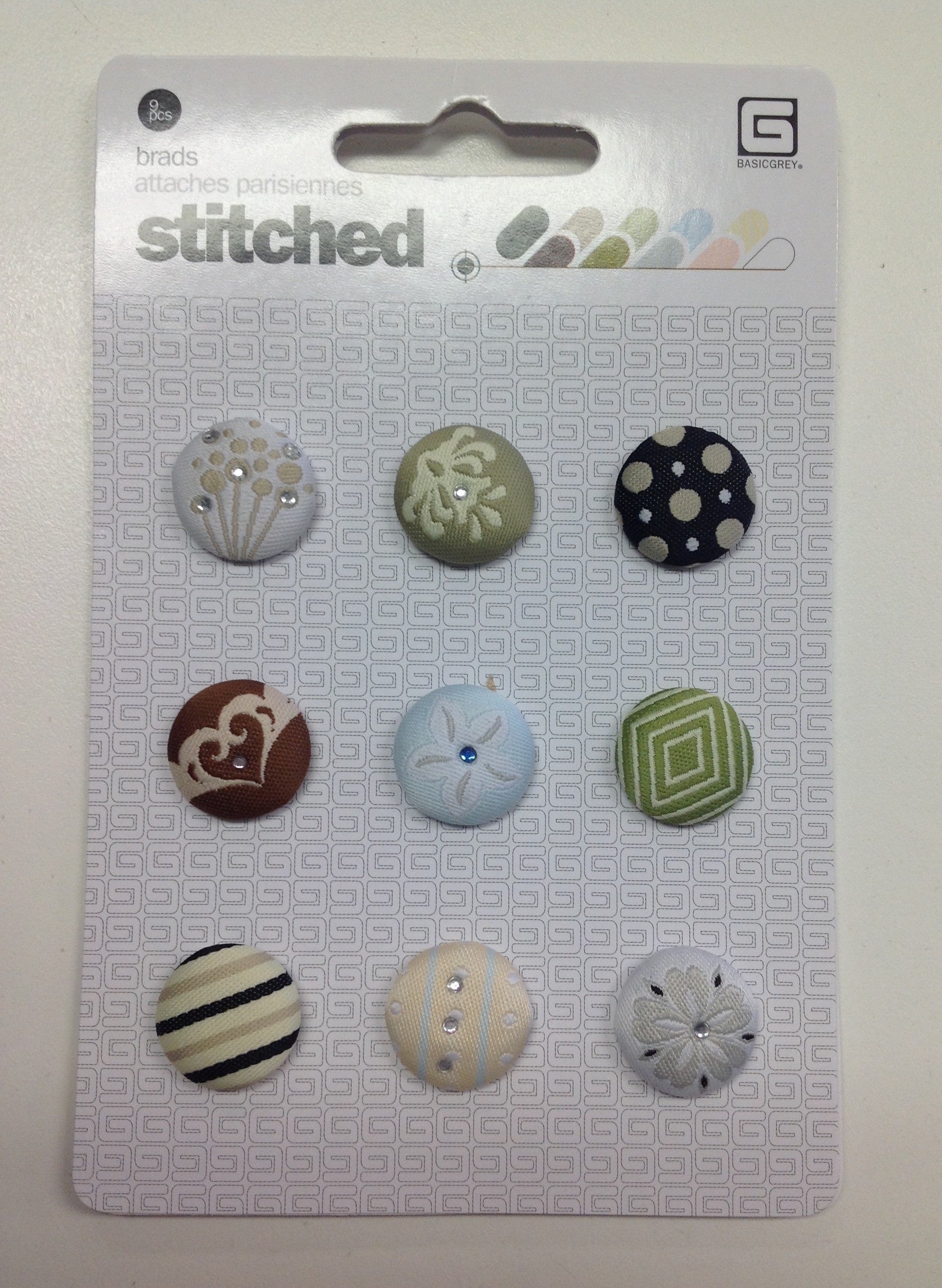 image_8ccb95f1-cf51-4625-99d5-8f8df44e8a57 Basic Grey STITCHED Wedding Vintage Fabric Brads 9pc - Image 1