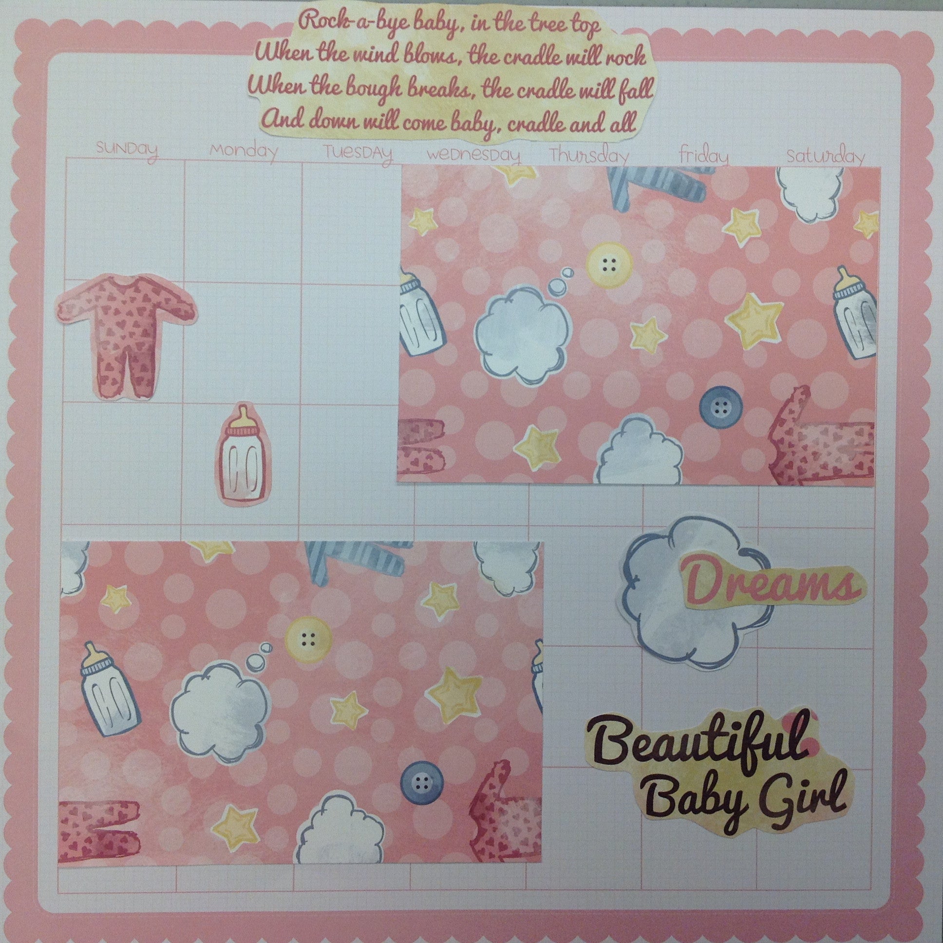 image_9653256b-0795-4b34-96fa-0fc6a35e8590 Premade Pages ROCK A BYE (1) 12"x12" Scrapbook Baby Girl - Image 1