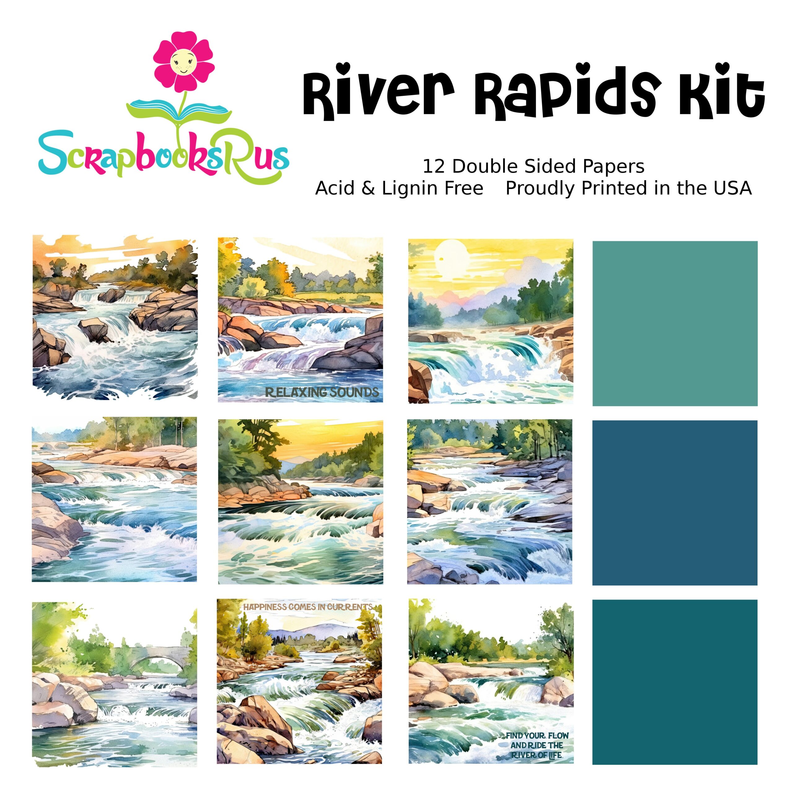00RiverRapids12x12CoverPage.jpg Scrapbooksrus RIVER RAPIDS KIT 12pc 12"x12" Rafting Scrapbook Paper - Image 1