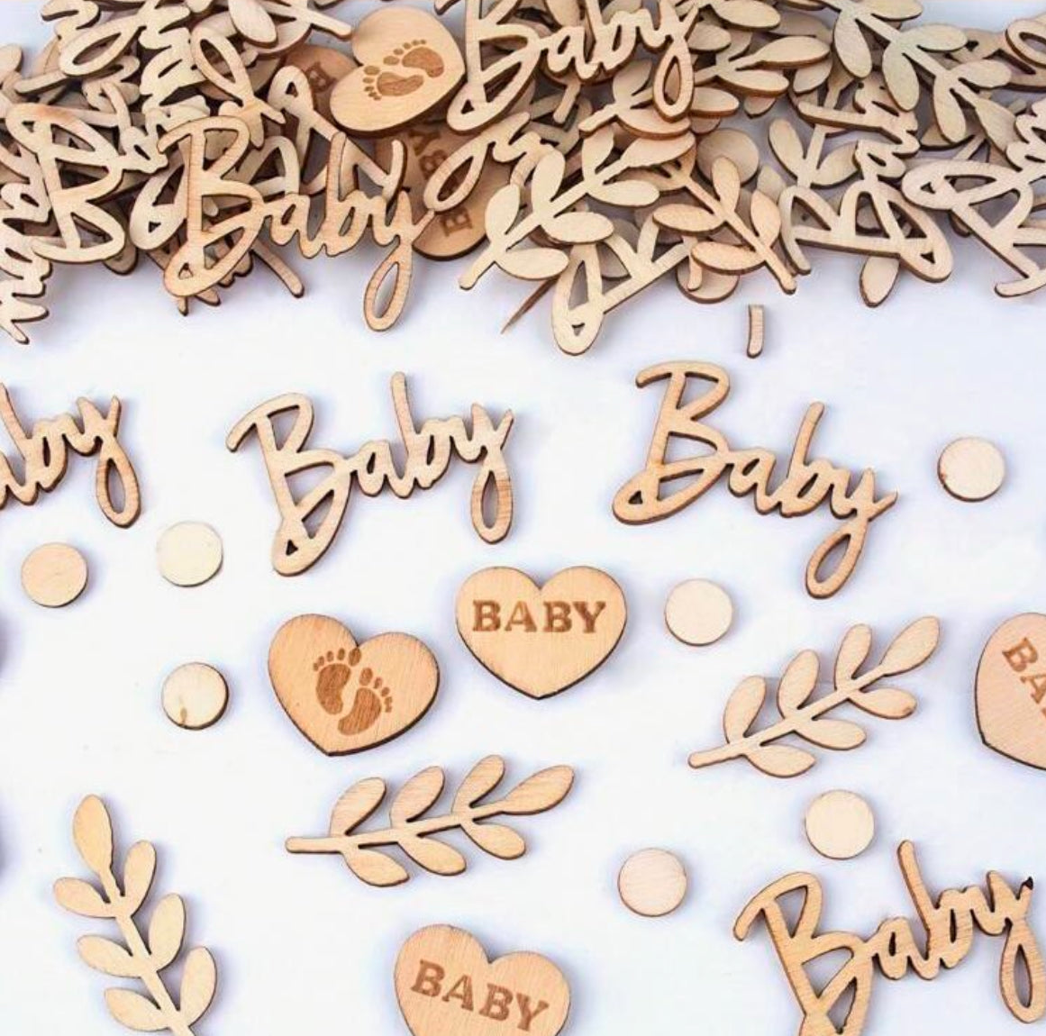 0C4B1CEB-6C68-4473-A652-C46A2B551D3F.jpg Wooden Word BABY HEART FEET Wood Embellishment 7pc - Image 1