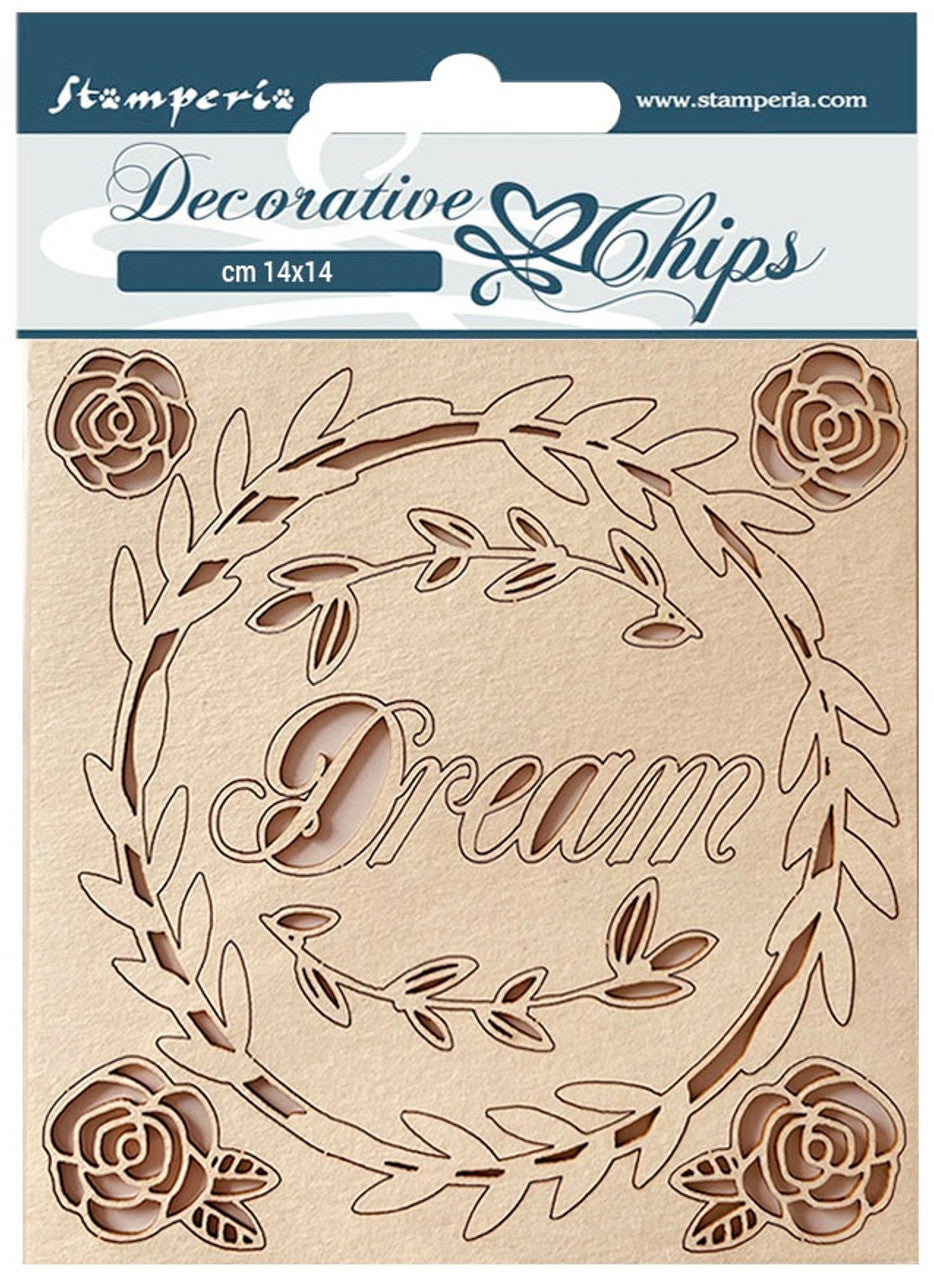 0F31A796-68FA-4B6C-AF95-4F3A1C74E834.jpg Stamperia Decorative Chips DREAM Chipboard 8pc - Image 1