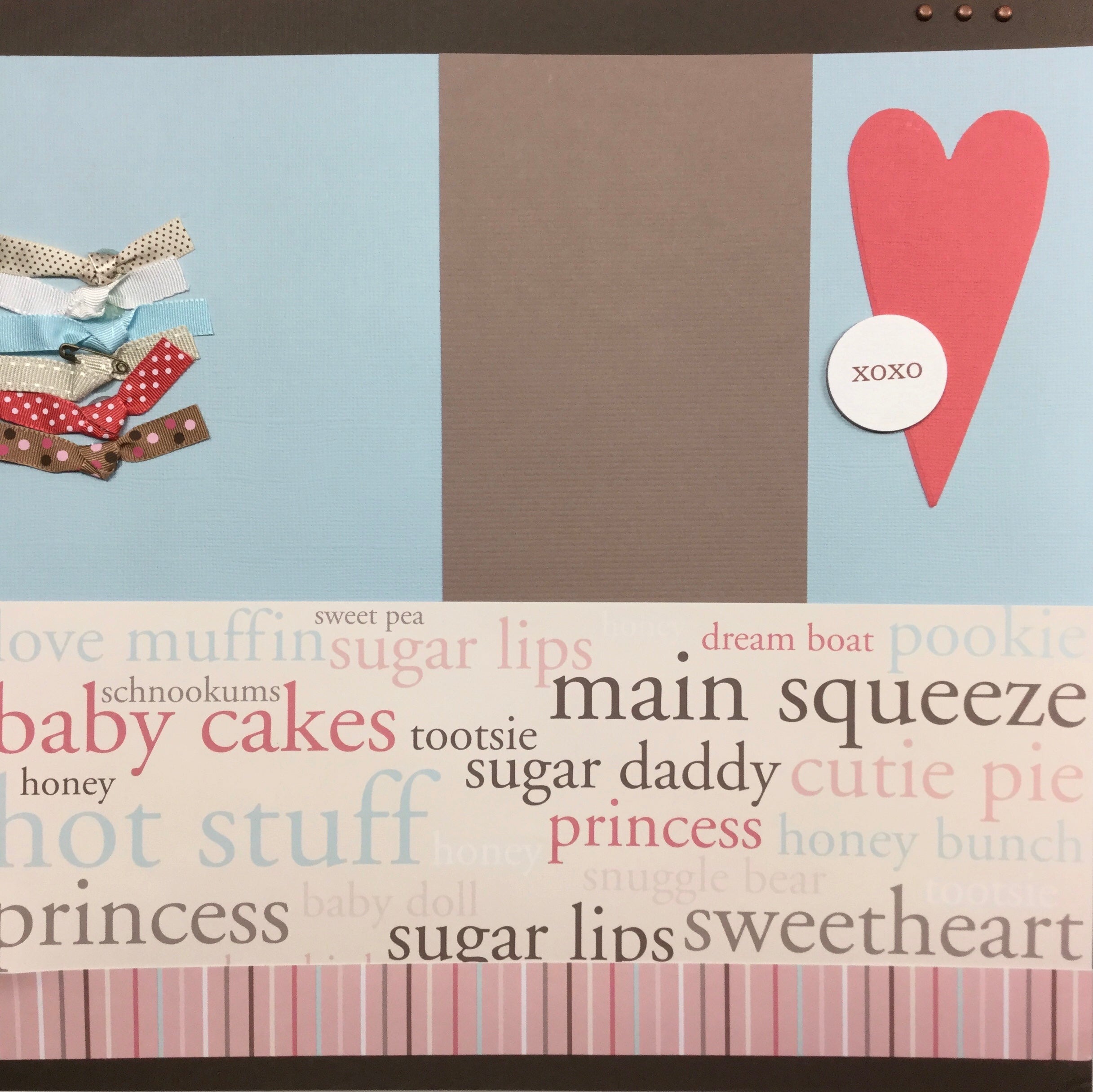 10FB7F0E-613F-4D64-8044-9F475FF52825.jpg Premade Pages. XOXO MAIN SQUEEZE 12"X12" Scrapbook Page - Image 1