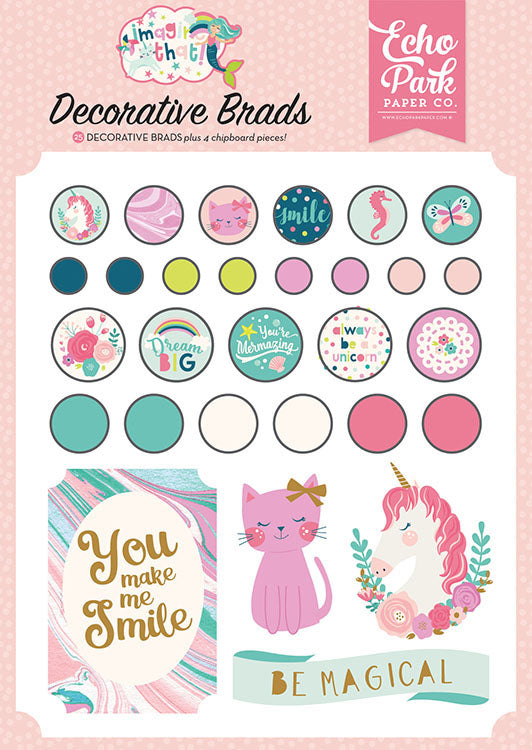 27B7793C-8B37-49DB-A2CA-66B2B2042DFD.jpg Echo Park IMAGINE THAT GIRL Decorative Brads Chipboard 25pc - Image 1