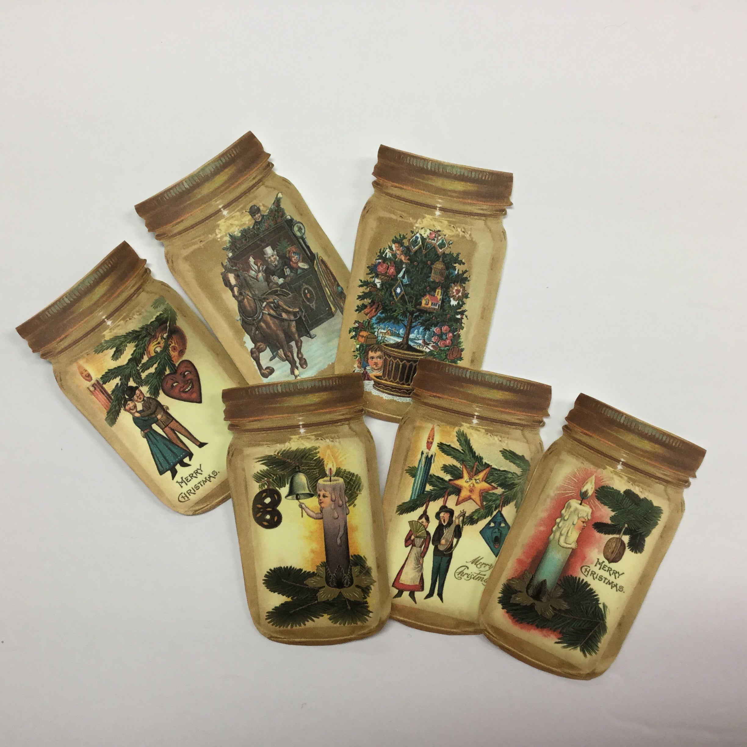 3116DA76-D9F8-43B9-94D9-80156EAF1A47.jpg Tags & Ephemera 6pc VINTAGE CHRISTMAS JARS SetA - Image 1