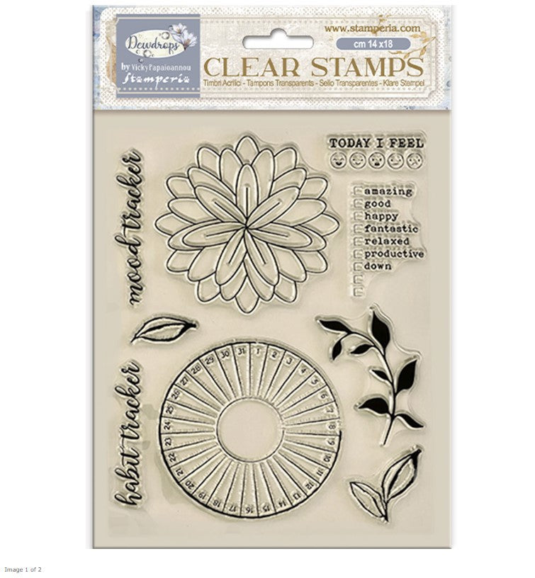 31BA9B9C-2FAA-4A95-B8B6-0AC118541BEE.jpg Stamperia Dewdrops HABIT TRACKER Clear Stamps 9pc - Image 1