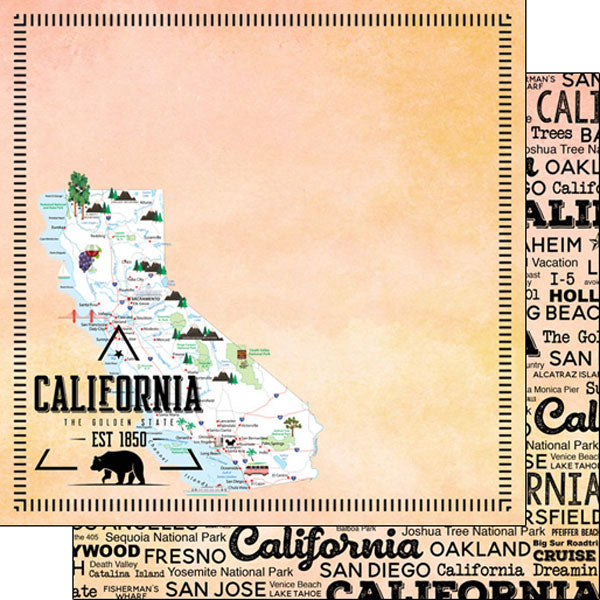 337B38DC-1F85-477D-893F-C460E5D53F97.jpeg CALIFORNIA POSTAGE MAP - PEACH Double Sided 12"X12" Scrapbook Travel Paper - Image 1