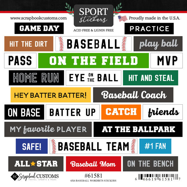 3608A1D0-85D1-446D-BB36-91DFB4FD09FB.jpg Scrapbook Customs 6X6 BASEBALL WORDBITS STICKER 25pc - Image 1