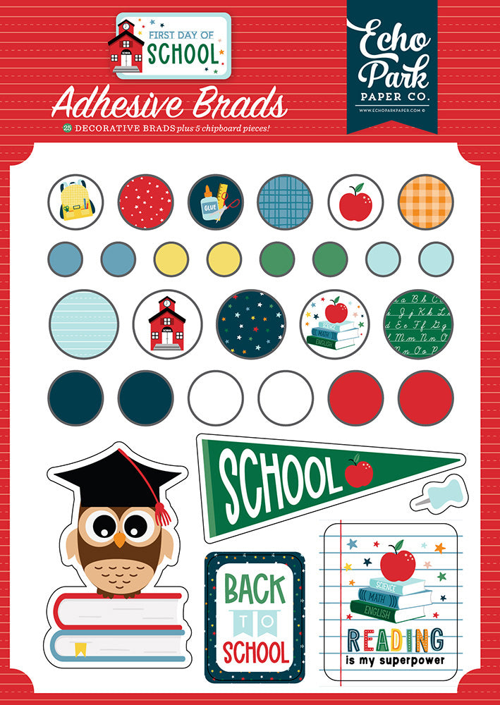 382E87D3-89D3-4163-8FE6-E36078133F75.jpg Echo Park FIRST DAY OF SCHOOL Adhesive Brads and Chipboard - Image 1
