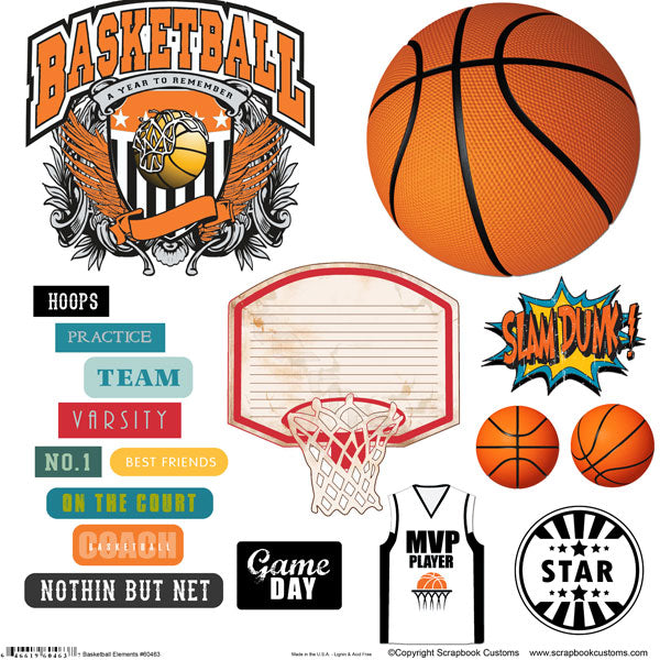 3E327F5C-FE0F-4B9E-A41D-7D5A976020CD.jpg Scrapbook Customs BASKETBALL ELEMENTS Sticker Cut Outs 12"X12" - Image 1
