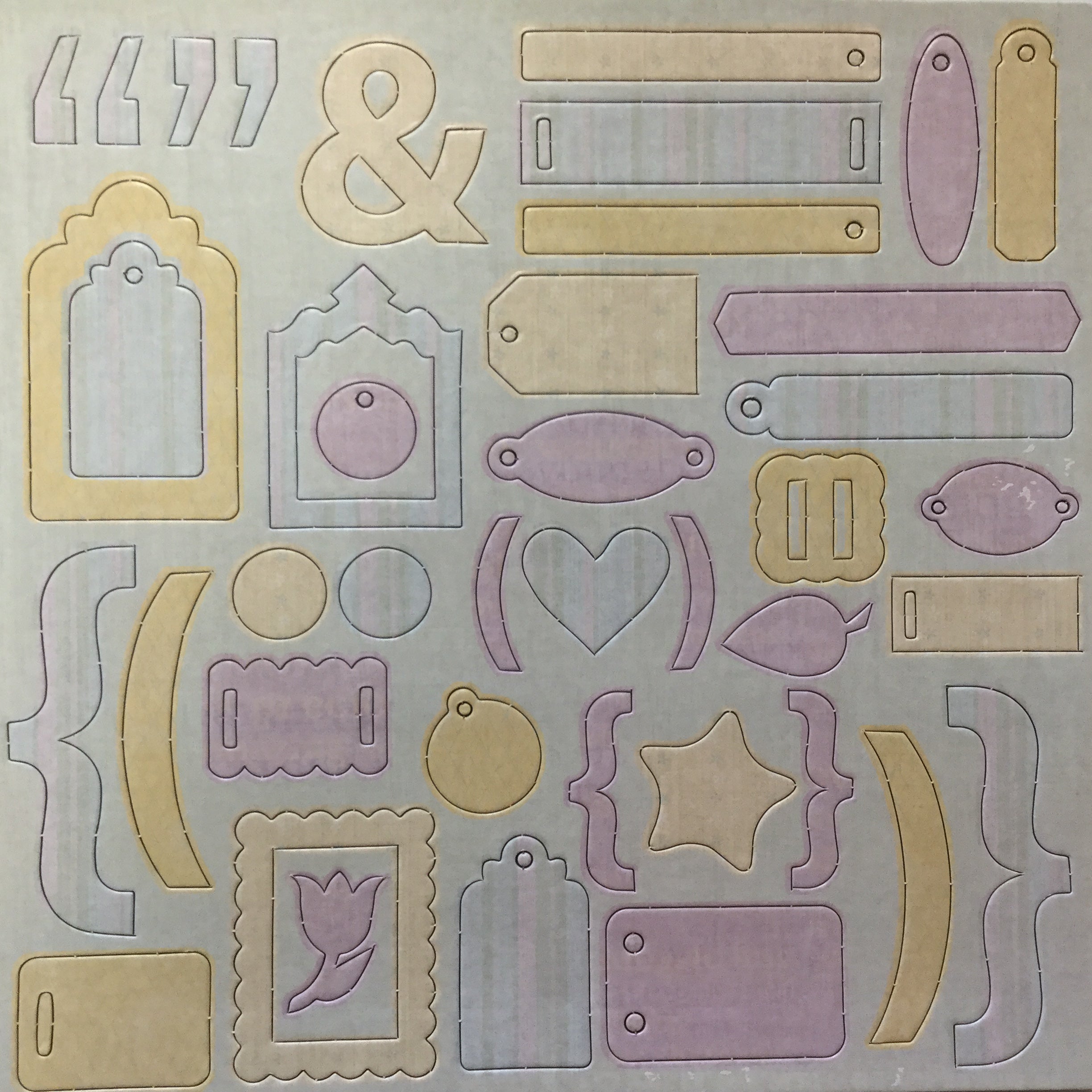 3F732F08-664A-4CE2-901D-6D7BAEAFF75C.jpg Pastel Chipboard Charm Brackets & Labels 12” x 12” Sheet - Image 1