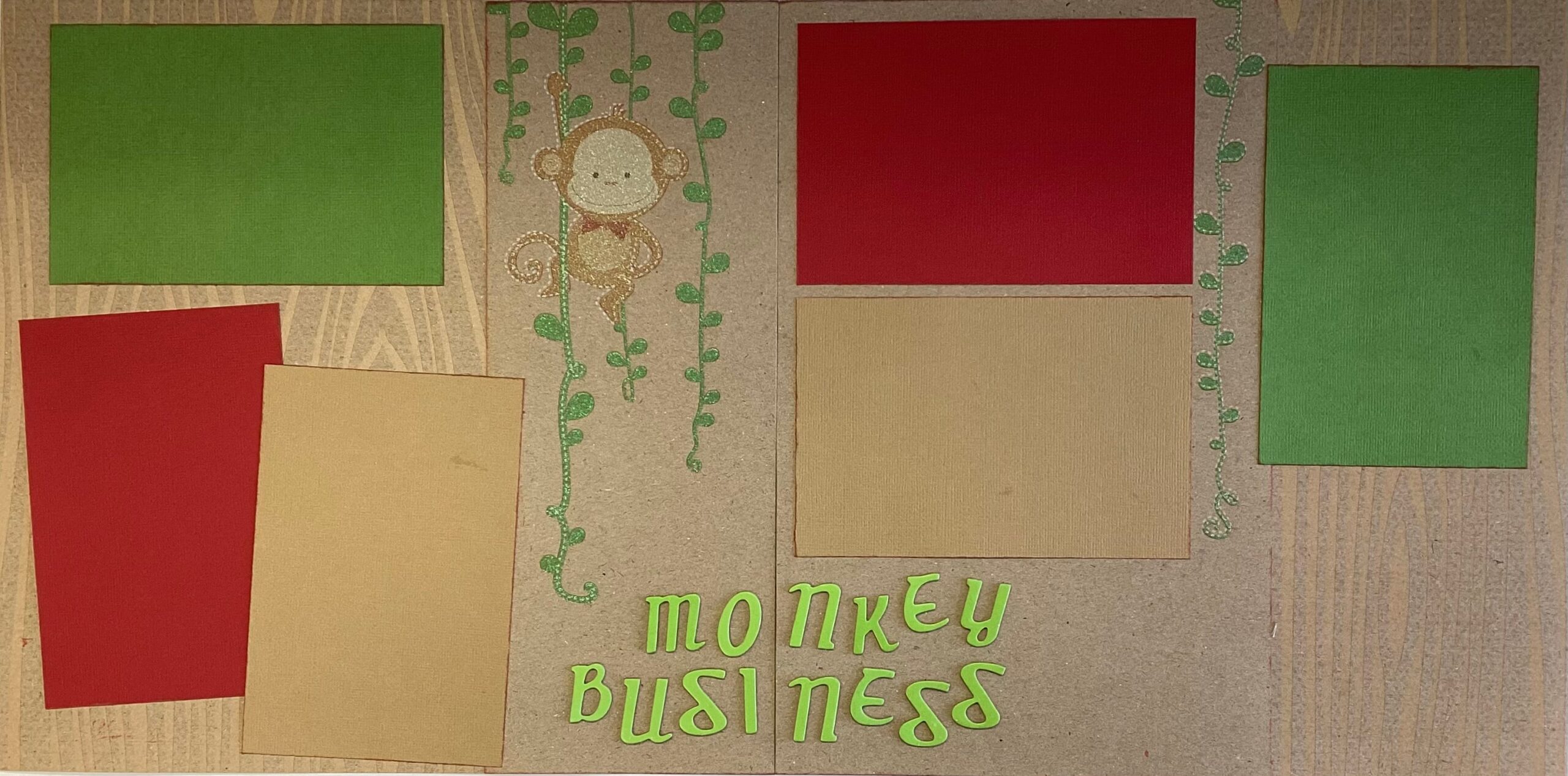 43A1F08C-AED6-443B-9268-E9171D0206D3.jpg Premade MONKEY BUSINESS (2) 12”X12” Scrapbook Pages - Image 1
