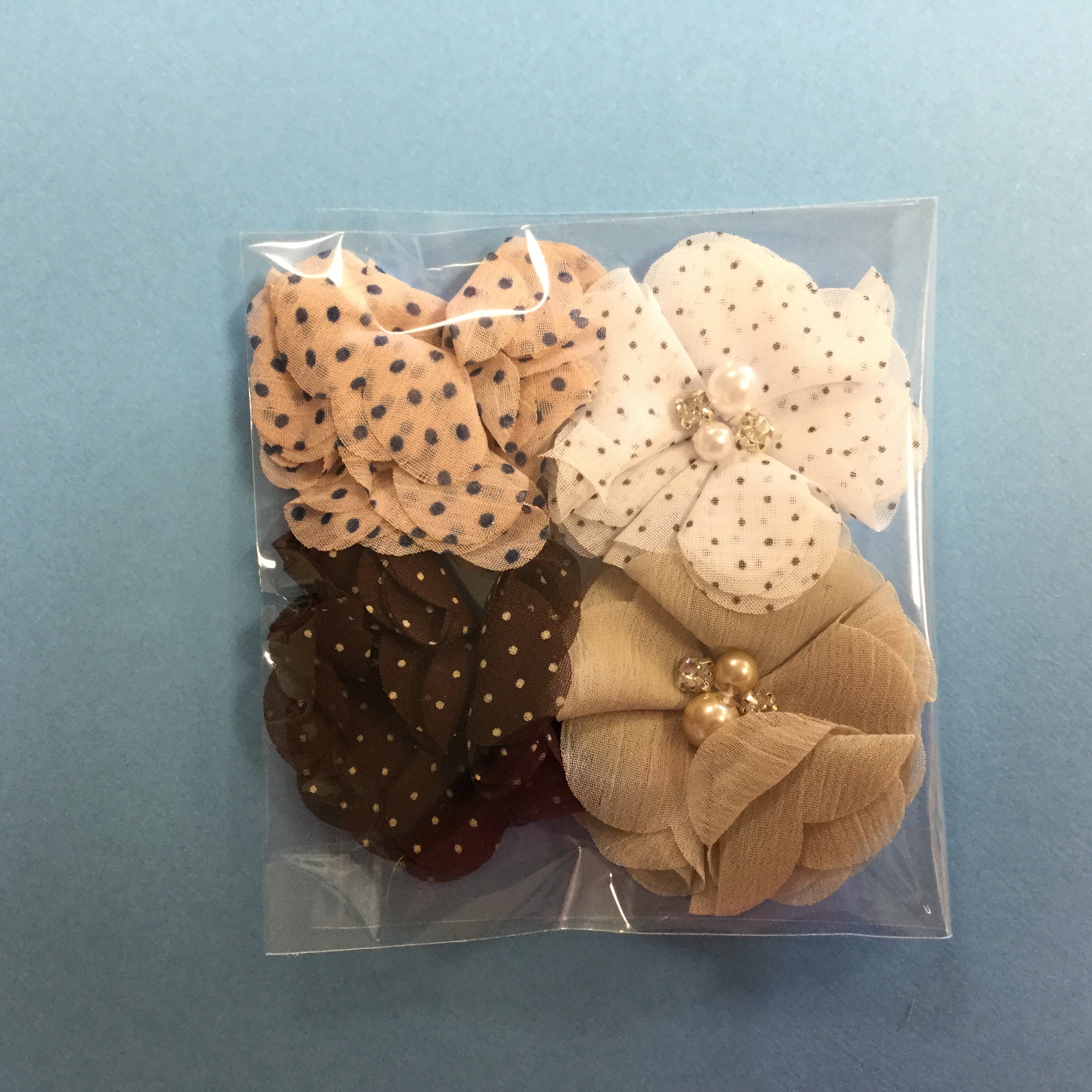 467E7672-DD02-4800-8D96-3E6B915A257A.jpg Chiffon POLKA DOT Fabric Flowers with Pearl & Rhinestone Centers 4pc - Image 1