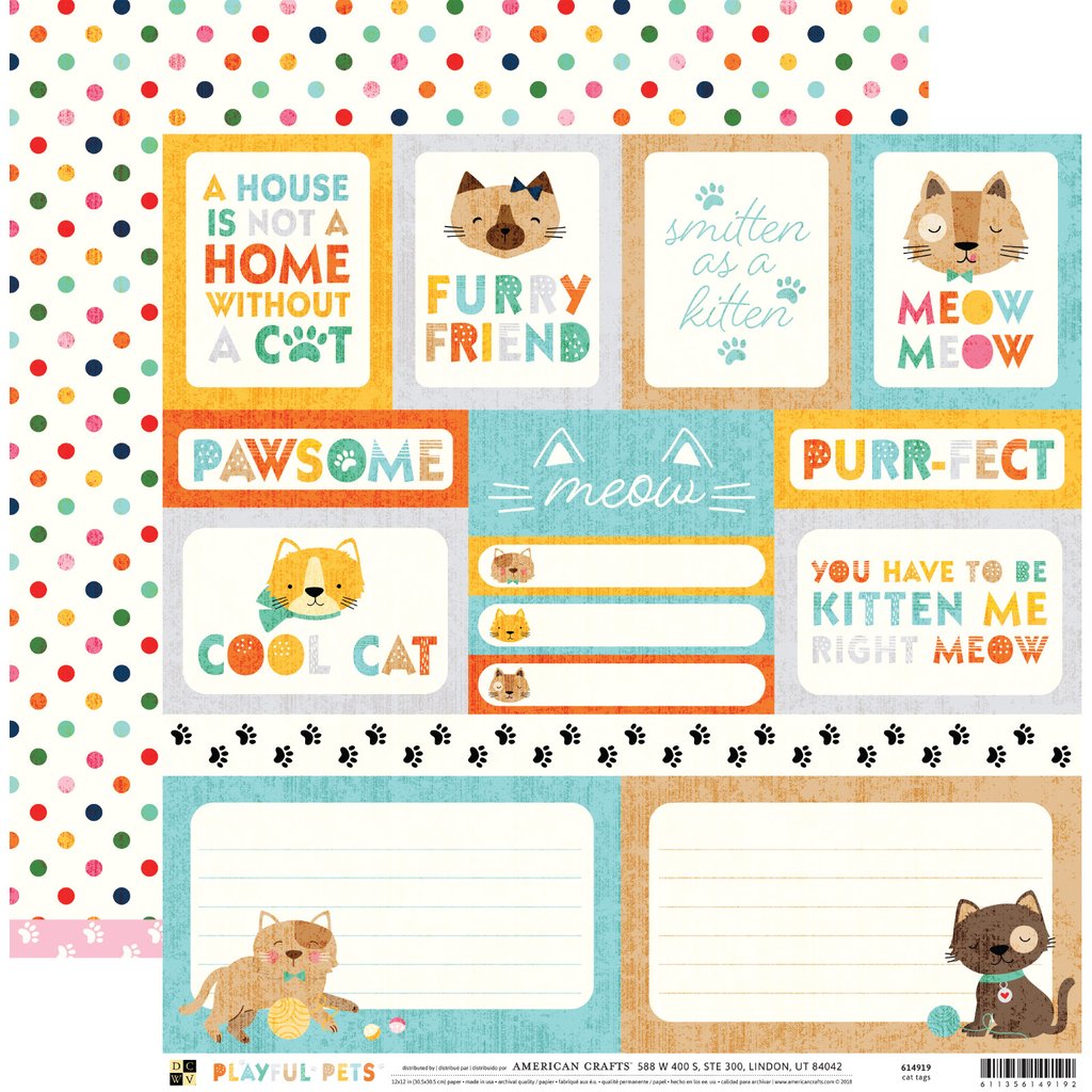 4776DEDD-F558-49CE-943A-E4EEB3895022.jpg DCWV Playful Pets CAT TAGS 12”x12” Scrapbook Paper - Image 1