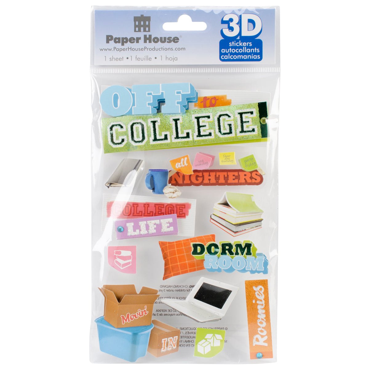 48850A25-FD77-43E7-AC8A-70335BA6256B.jpg Paper House OFF TO COLLEGE 3D Stickers 12pc - Image 1