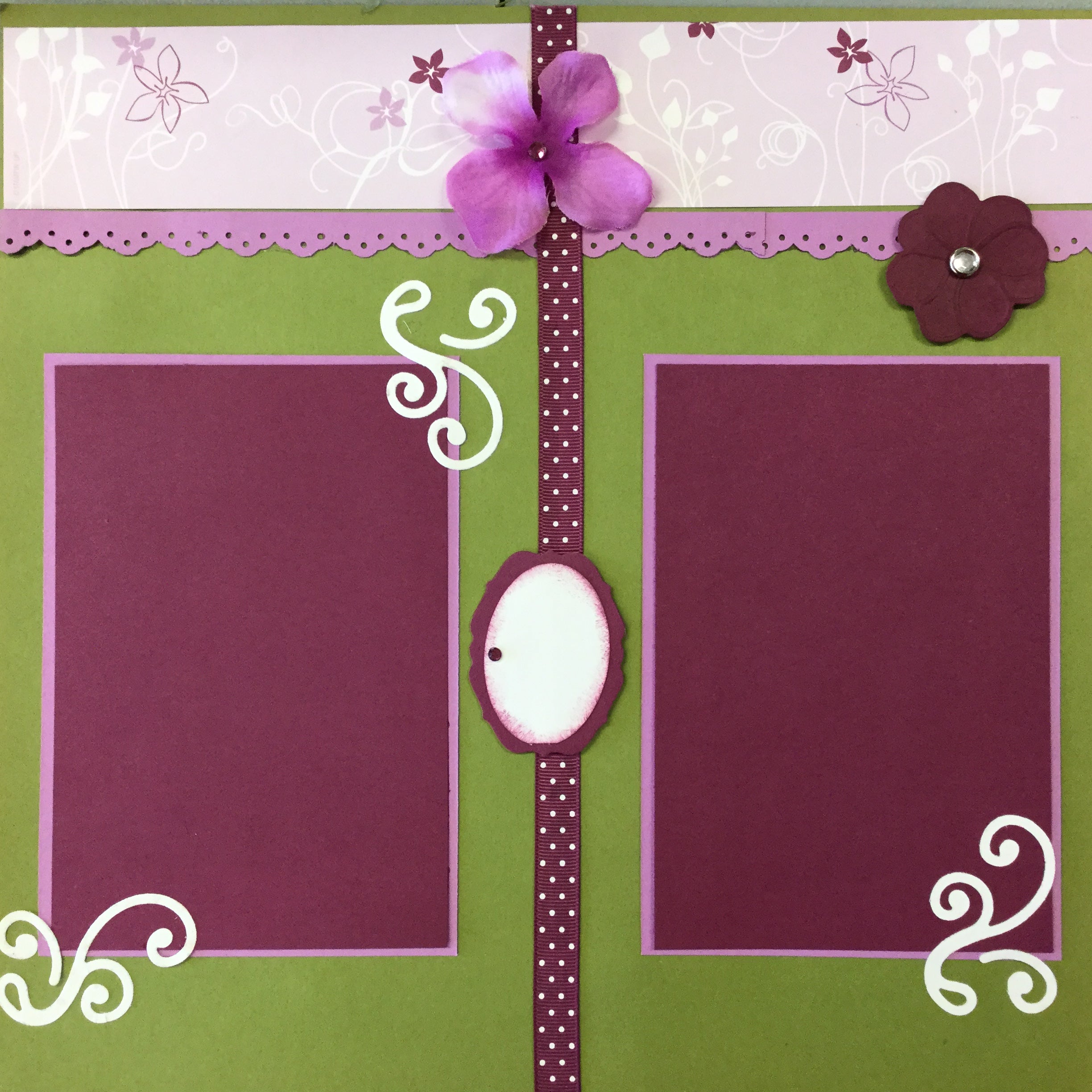 498081B0-C739-43E8-BCC3-0C49559221F4.jpg Premade Pages $5.00 PURPLE FLORAL PAISLEY (2) 12"X12" Scrapbook Pages - Image 1