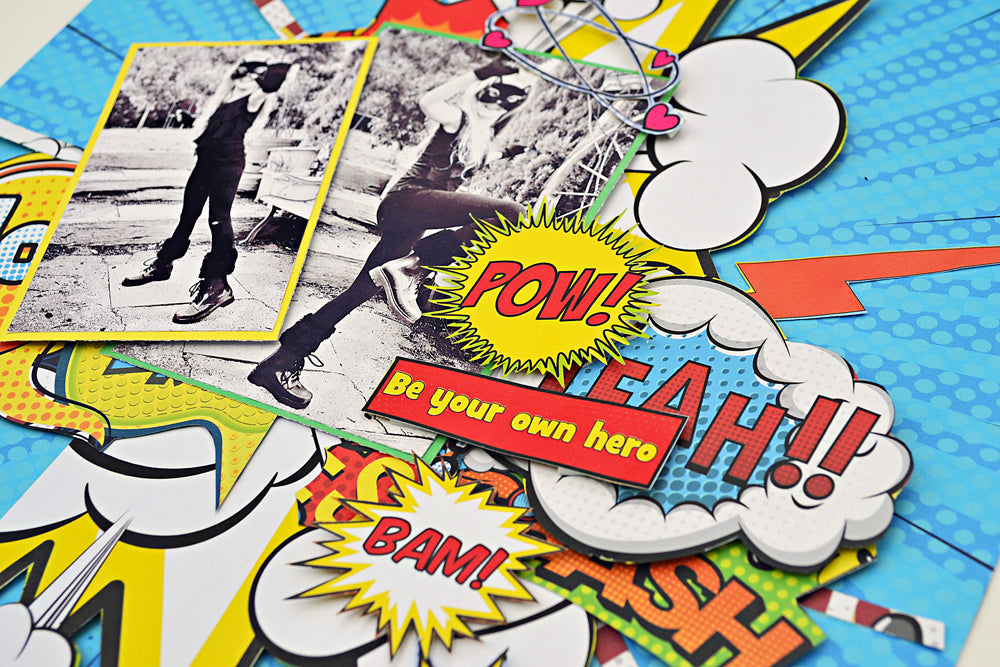 572AA82A-88EE-4AB1-8F25-78062167E2B2.jpg Bella Superhero Paperz COLLAGE 12"X12" Scrapbook Paper - Image 1