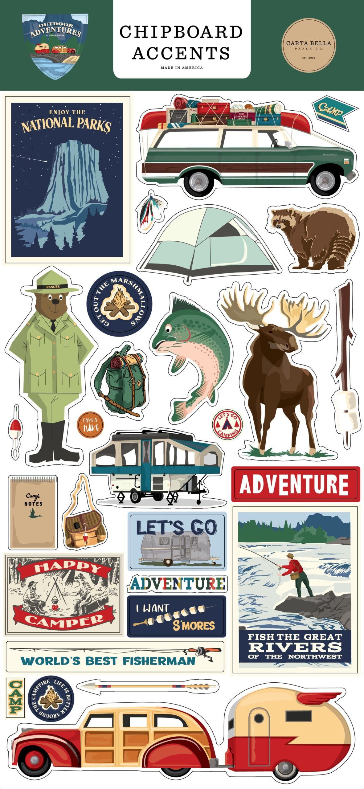 647980MK.jpg Carta Bella OUTDOOR ADVENTURES Chipboard Accents 29pc 6”X12” - Image 1