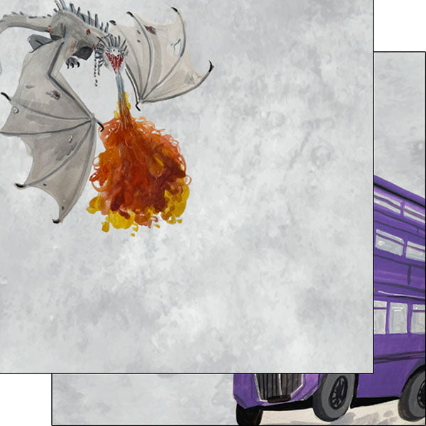 66236BBC-5E00-407D-BFC6-255A8338E985.jpg Wizarding World DRAGON DOUBLE DECKER BUS DS 12X12 Scrapbook Customs Paper - Image 1