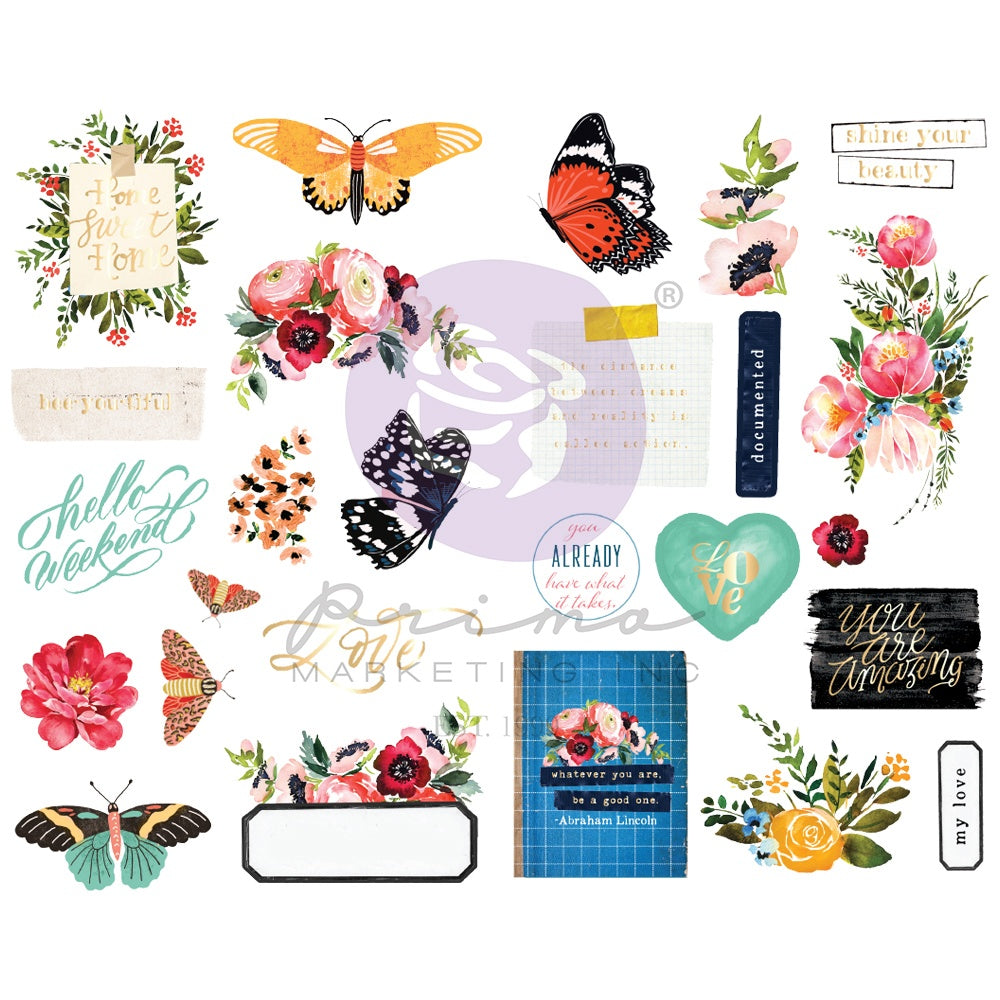 670547MK.jpg Prima Marketing PRINTED FLORAL Chipboard Stickers 26pc - Image 1