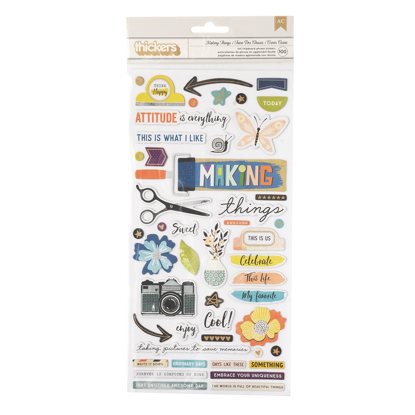 677705PK.jpg American Crafts Thickers MAKING THINGS Foil Chipboard Phrase Stickers 100pc - Image 1