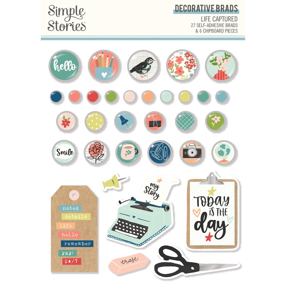 679550PK.jpg Simple Stories LIFE CAPTURED Decorative Brads & Chipboard 34pc - Image 1