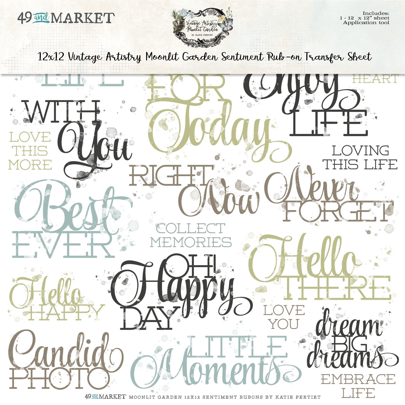 696567PK.jpg 49 and Market 12X12 Vintage Artistry MOONLIT GARDEN SENTIMENT RUB-ON Transfer Sheet - Image 1