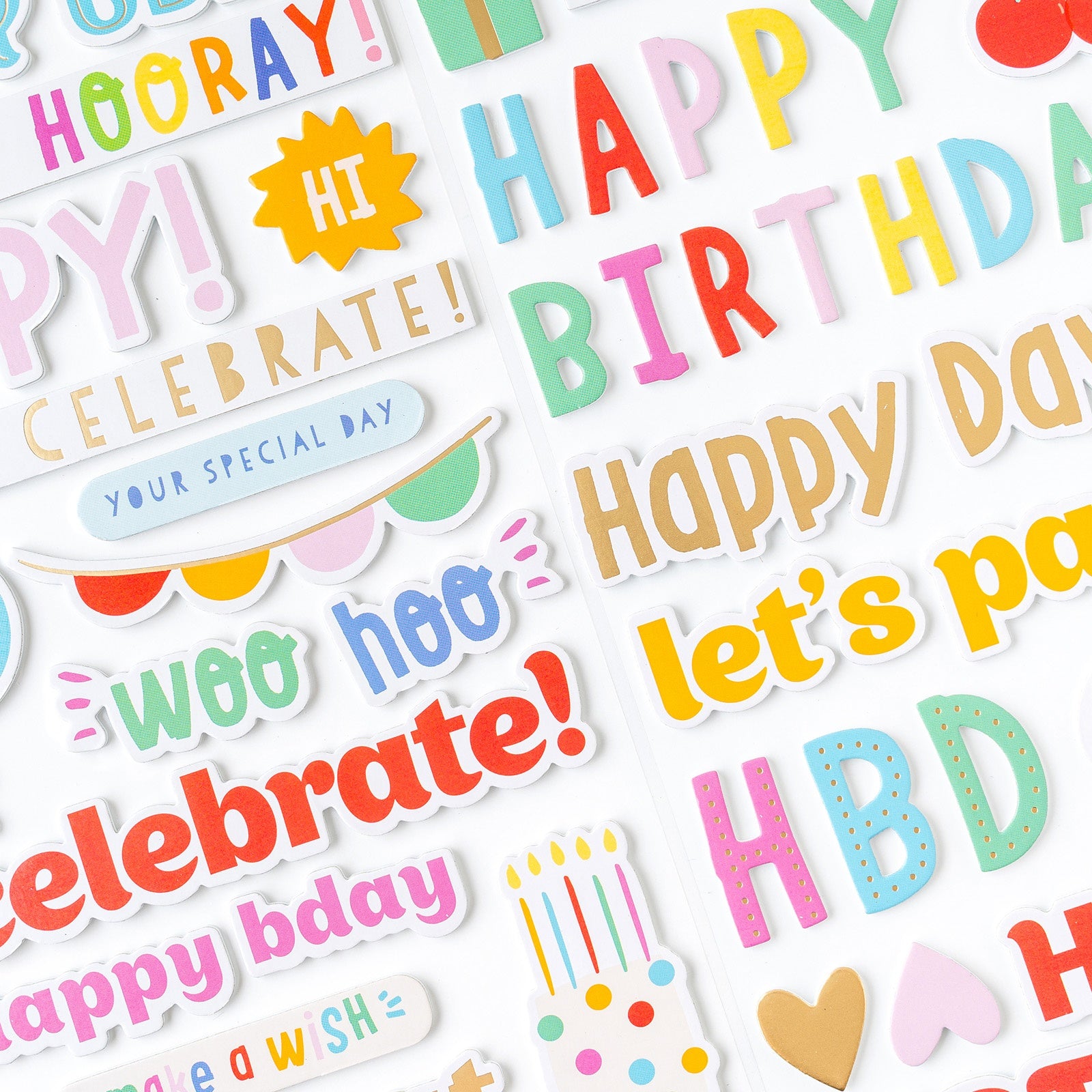 696930DT.jpg Pebbles Birthday Thickers ALL THE CAKE Puffy Phrase and Accent Stickers - Image 1