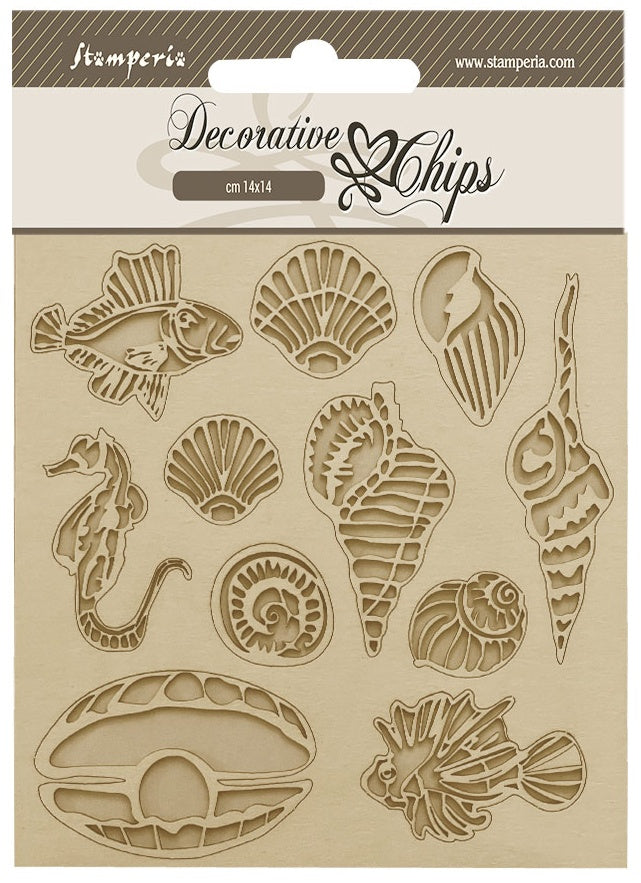 697900PK.jpg Stamperia Decorative Chips SONGS OF THE SEA Shell Fish Chipboard 11pc - Image 1