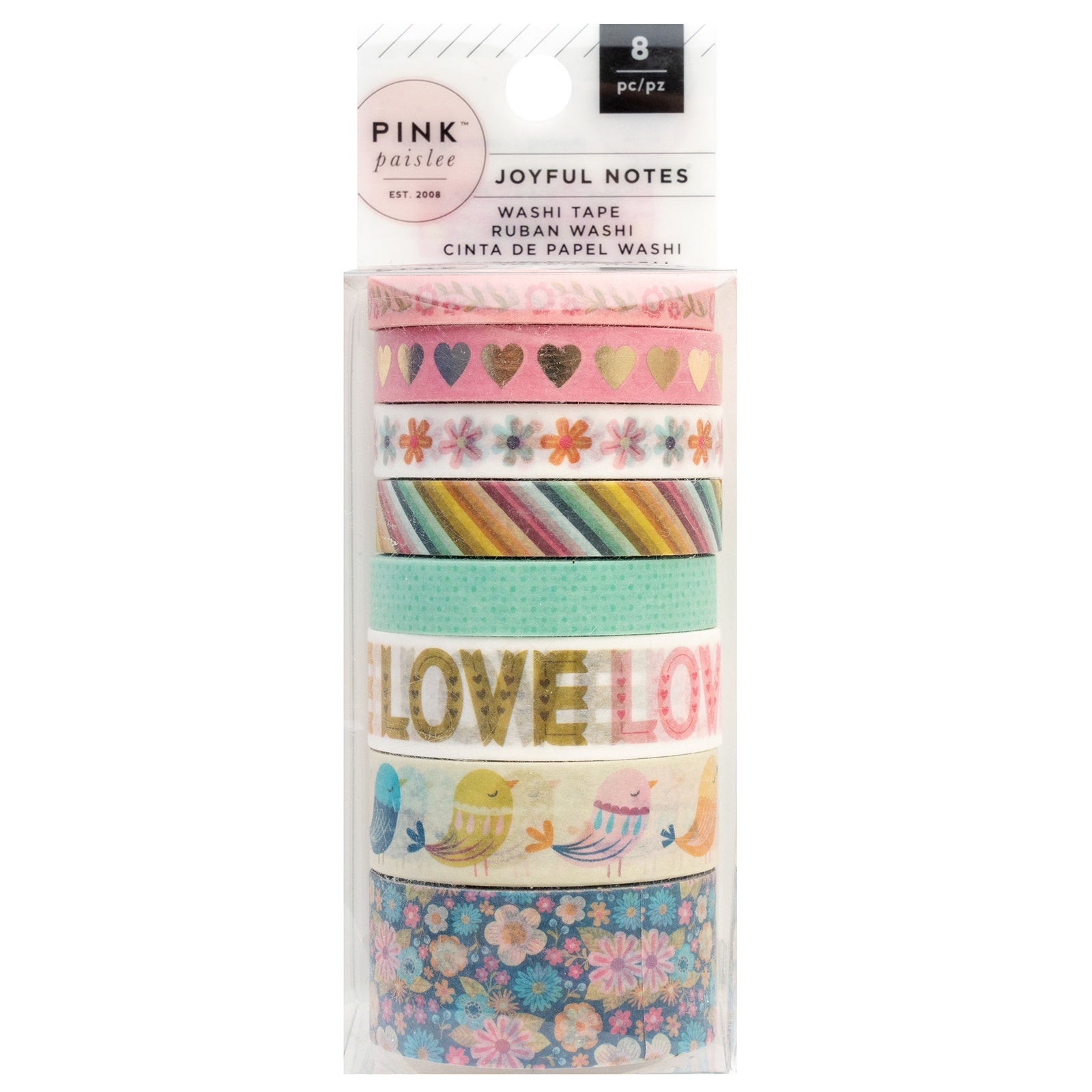 703628PK.jpg Pink Paislee JOYFUL NOTES Washi Tape 8pc - Image 1