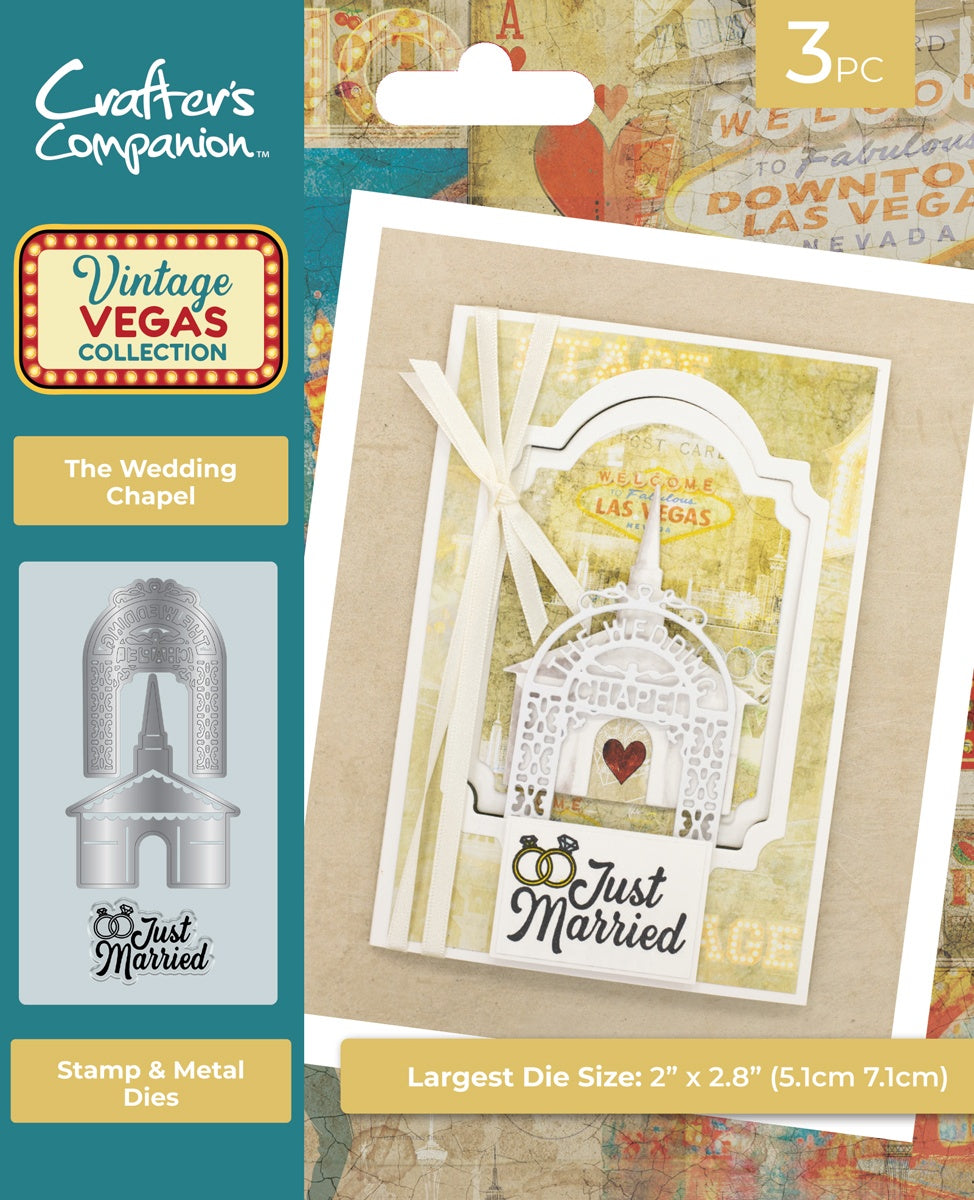 716383PK.jpg Crafter’s Companion Vintage Vegas THE WEDDING CHAPEL Stamp & Metal Dies 3pc - Image 1