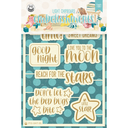 71A0630C-6F16-4413-B2DB-F4FADF3276FC.jpg P13 Goodnight Collection LIGHT CHIPBOARD EMBELLISHMENTS 1 Set - Image 1