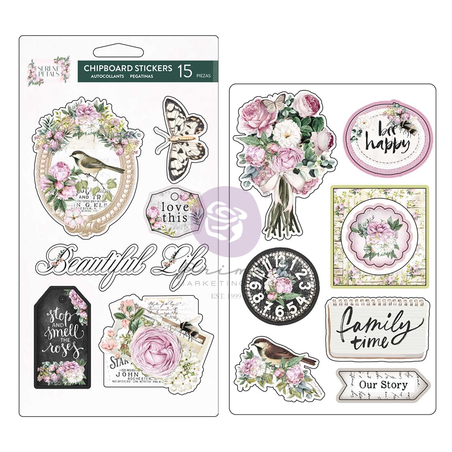 720023PK.jpg Prima SERENE PETALS CHIPBOARD STICKERS 2 Sheets 15pc - Image 1