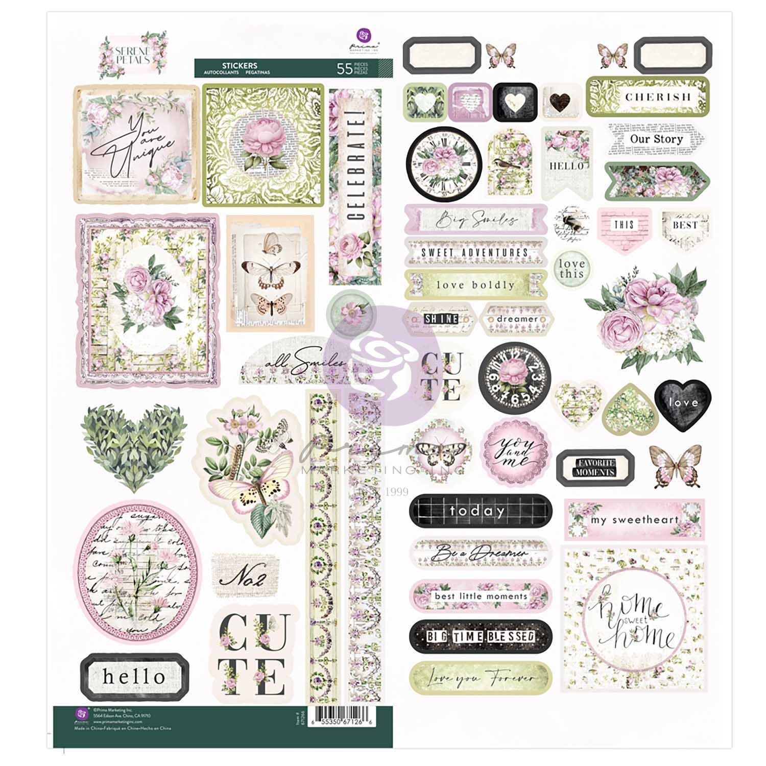 720033PK.jpg Prima SERENE PETALS STICKERS 2 Sheets 55pc - Image 1