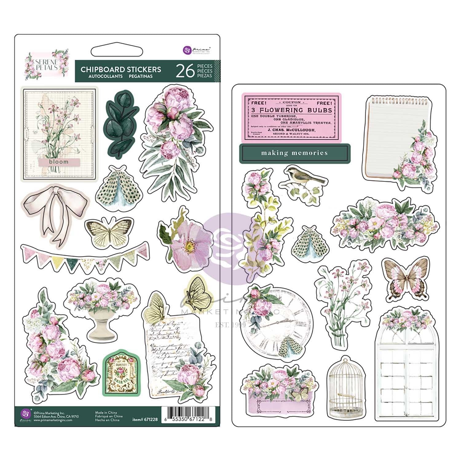 720041PK.jpg Prima SERENE PETALS CHIPBOARD STICKERS 2 Sheets 26pc - Image 1