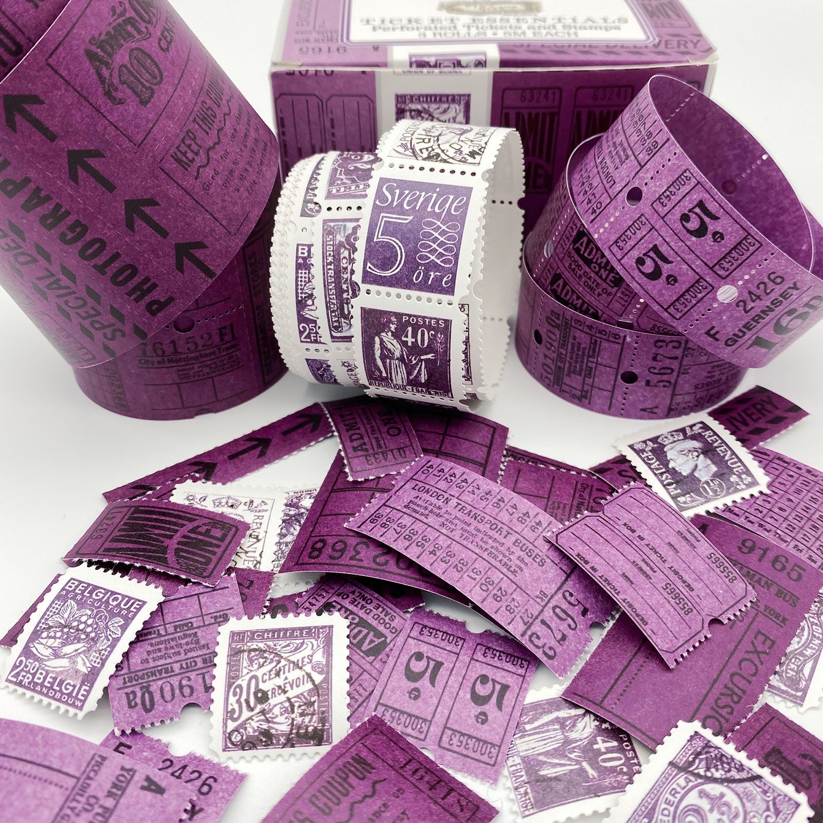 7397C990-8BDF-4AE5-B5CB-D4604A779DC5.jpg 49 and Market Vintage Bits TICKET ESSENTIALS EGGPLANT Perforated Tickets & Stamps 3 Rolls - Image 1