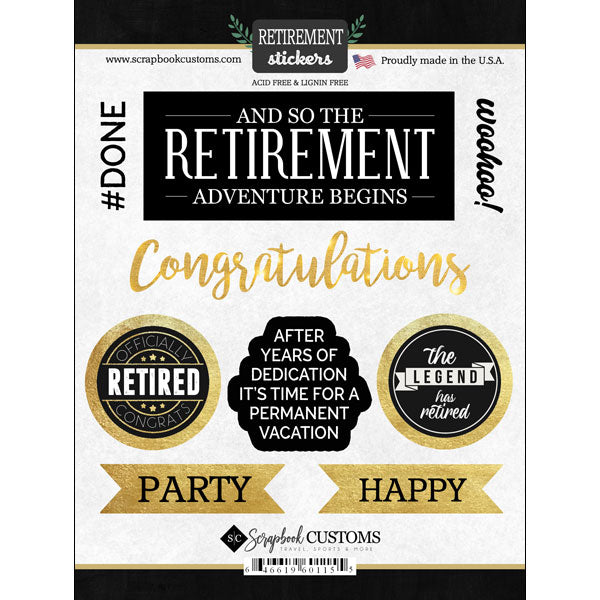 81BA6C32-17E4-4E2E-8C5B-70594FF8AF92.jpg RETIREMENT Scrapbook Customs Stickers 9pc - Image 1