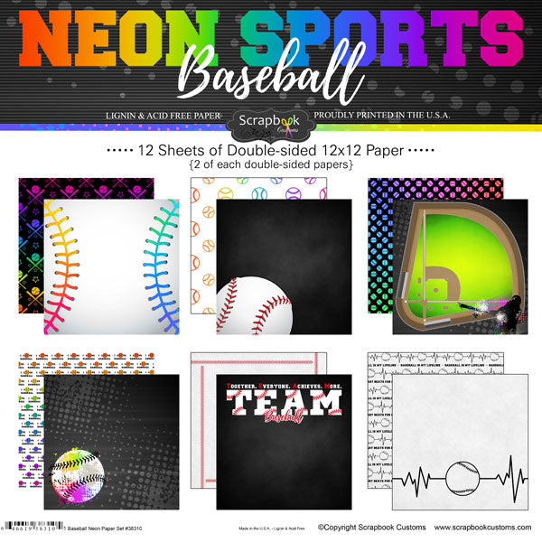890655C6-3BA6-4F9F-AC53-7B251A31209C.jpeg NEON SPORTS BASEBALL KIT 12"X12" Scrapbook Paper 12 Sheets - Image 1