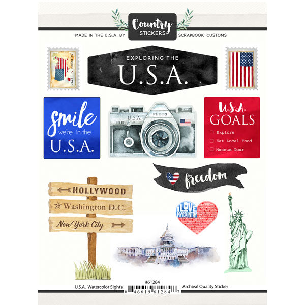 932F00AA-2E0C-4A4E-9183-862B47EEAC61.jpeg Country Stickers USA WATERCOLOR SIGHTS 18 pc Scrapbook Customs - Image 1