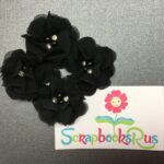Chiffon Fabric Flowers BLACK with Pearl & Rhinestone Centers 4pc