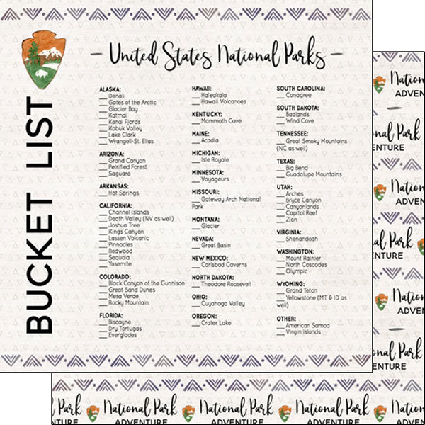 A6424CBF-7A5D-4DF5-A609-E9804462A64E.jpeg NATIONAL PARKS BUCKET LIST Double Sided 12"X12" Scrapbook Paper - Image 1