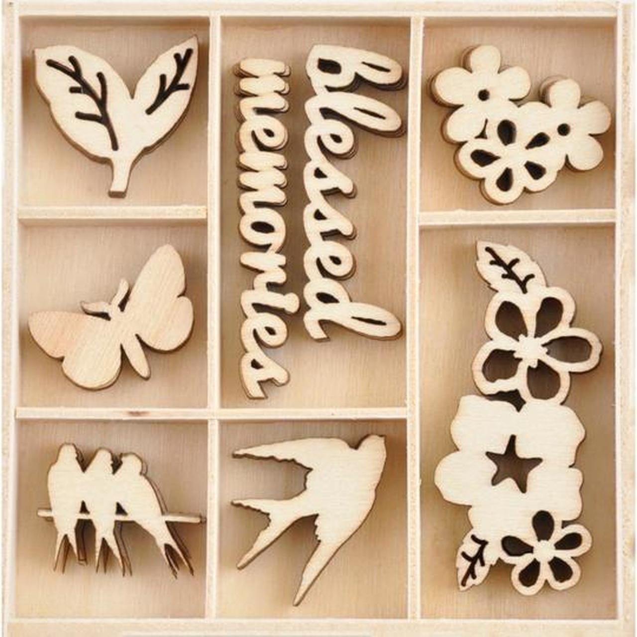 B01BBBF1-3C0B-41C4-89FD-92C4C23FCFC1.jpg Kaisercraft MORNING DEW Wooden Flourishes Pack 40pc - Image 1
