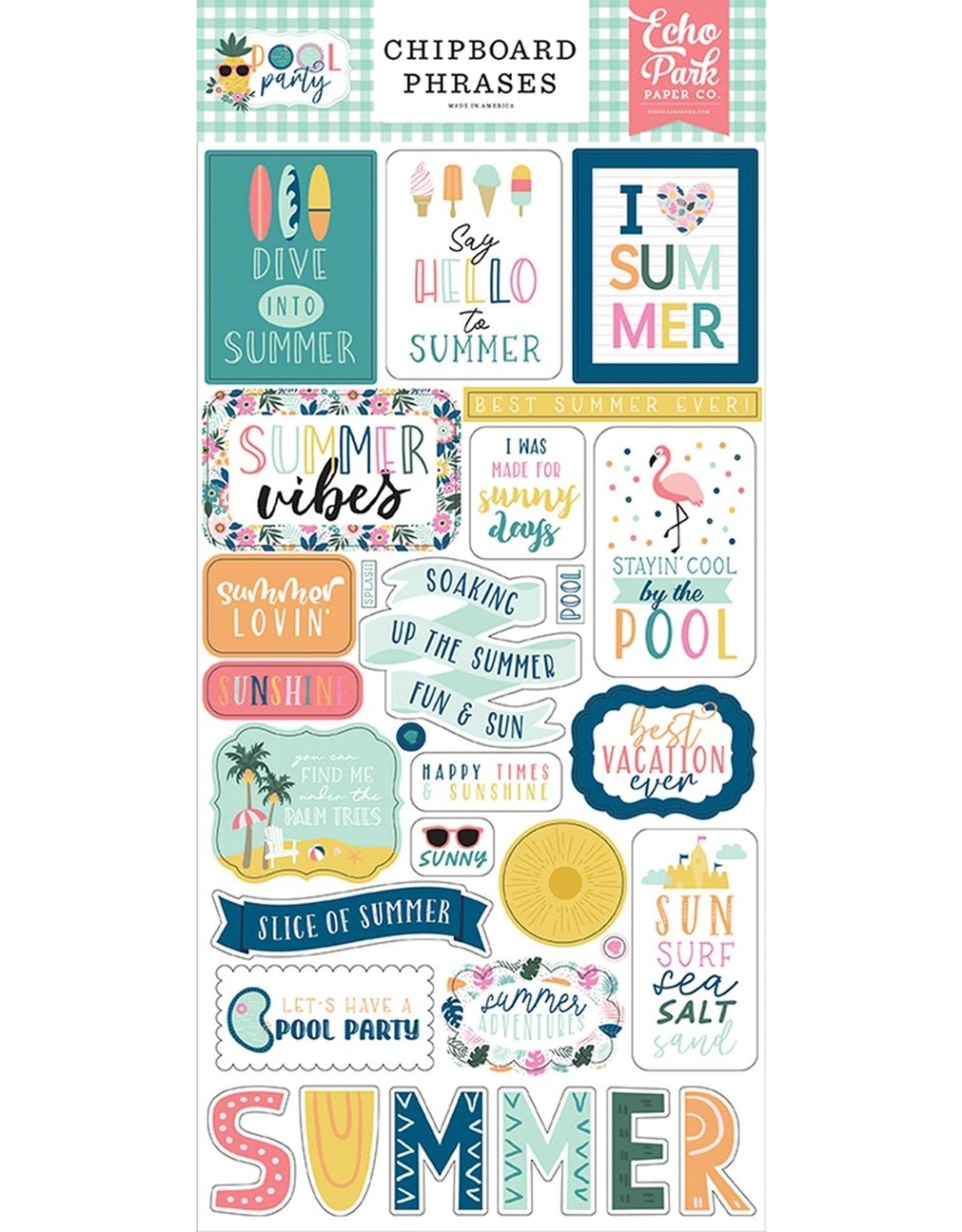 BA28D941-6479-4AA0-A82F-77FE06EEA6BB.jpg Echo Park 6"x12" POOL PARTY Chipboard Phrases 29pc - Image 1