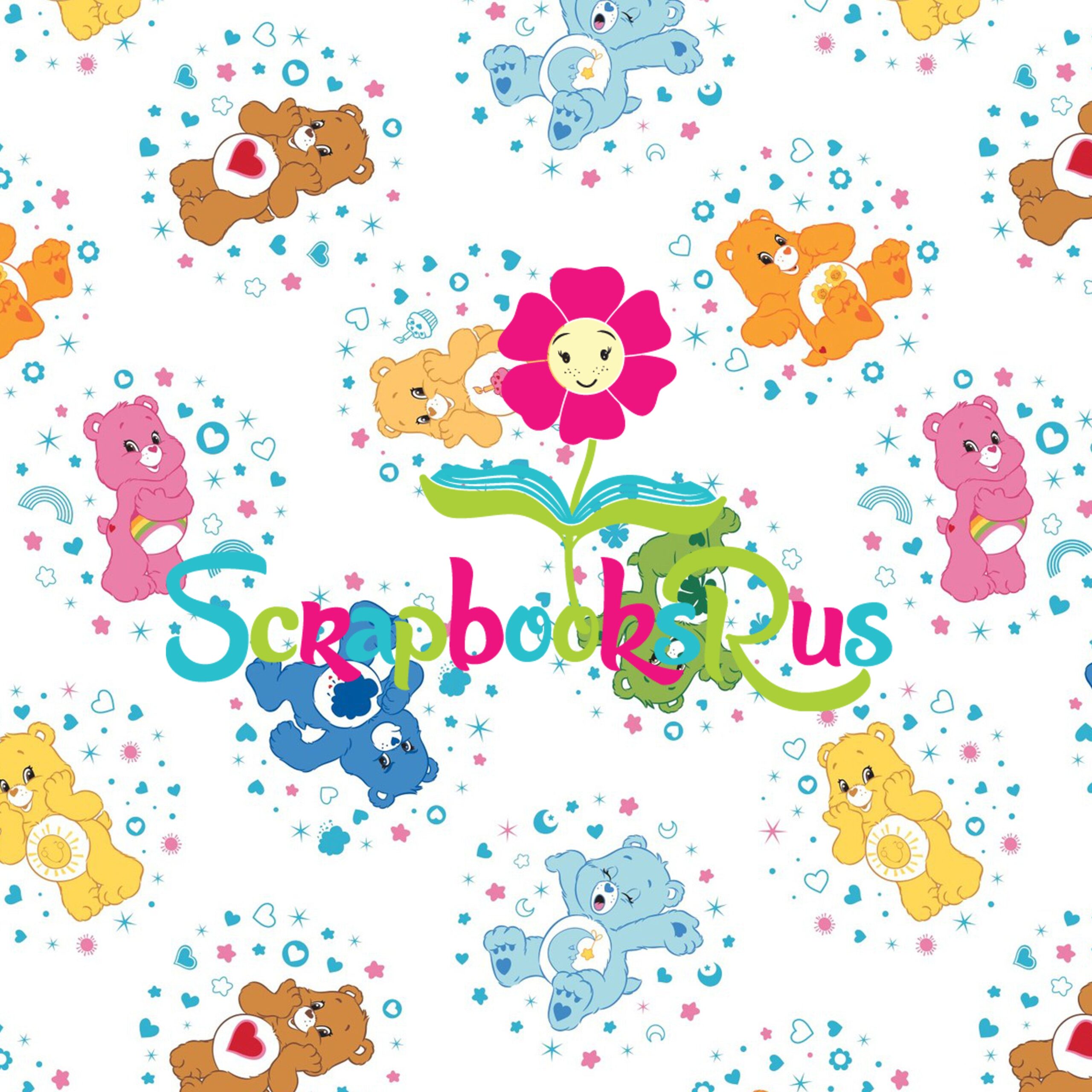 CareBearsBellyBadgesScrapbooksrus.jpg Care Bears BELLY BADGES 12"x12" Cartoon Scrapbook Paper - Image 1